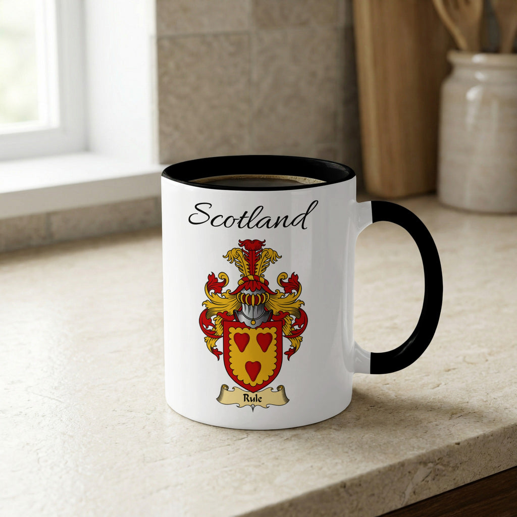 Rule Scottish family crest accent mug with Scotland lettering and coat of arms artwork
