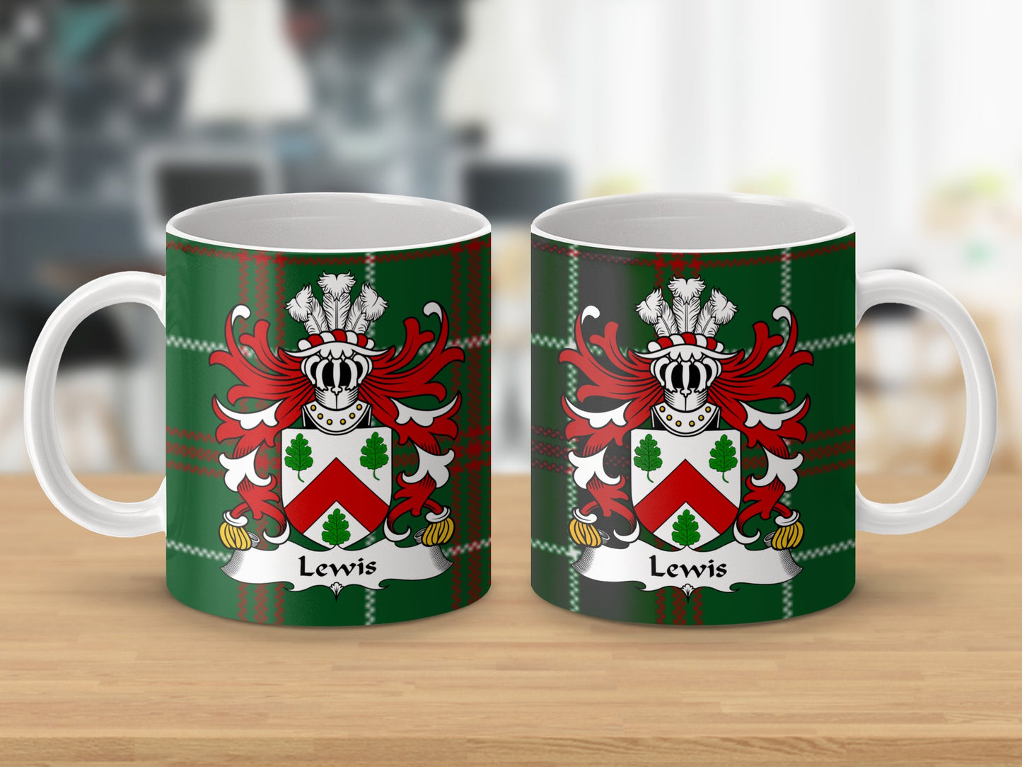 Lewis Surname Coat of Arms on Welsh Tartan Background Mug - Living Stone Gifts