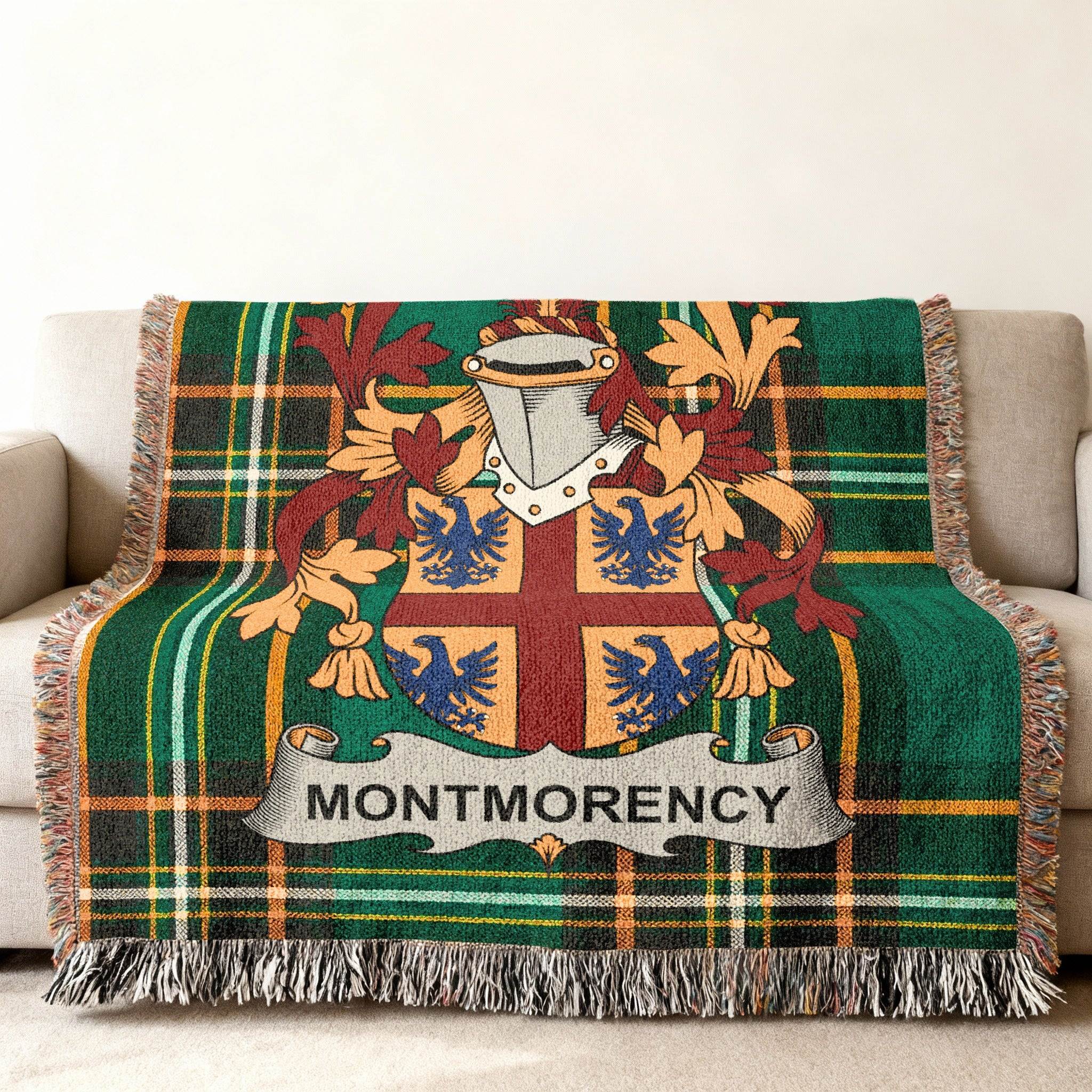Green tartan throw blanket featuring the Montmorency coat of arms.