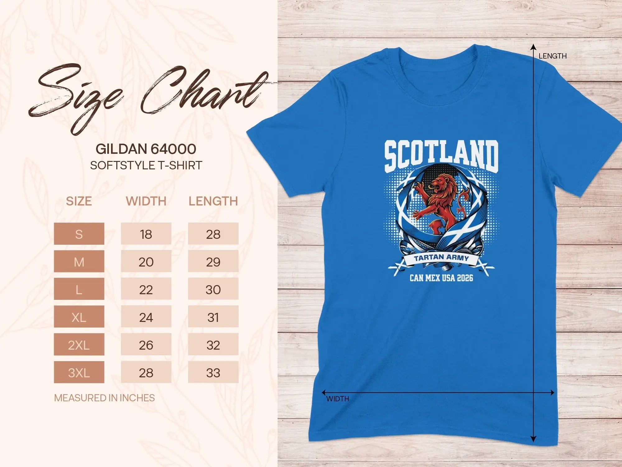 Gildan 64000 t-shirt size chart and blue Scotland Tartan Army t-shirt.