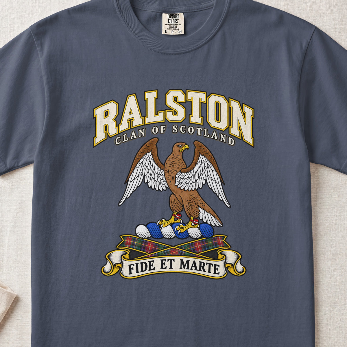 Ralston Scottish clan T-shirt in Midnight, front view with a brown eagle with spread wings and motto design.