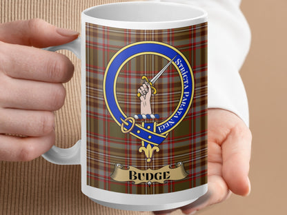 Budge Family Crest Design Tartan Pattern Mug - Living Stone Gifts