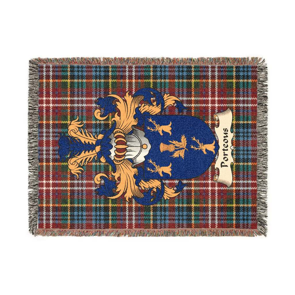Porteous Scottish woven blanket with family shield and Caledonia tartan background
