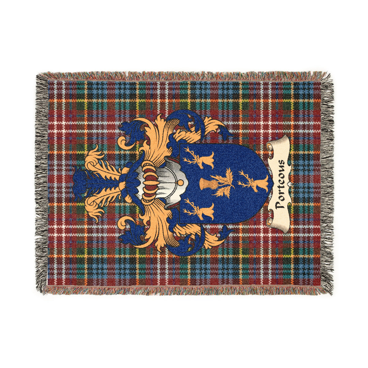 Porteous Scottish woven blanket with family shield and Caledonia tartan background