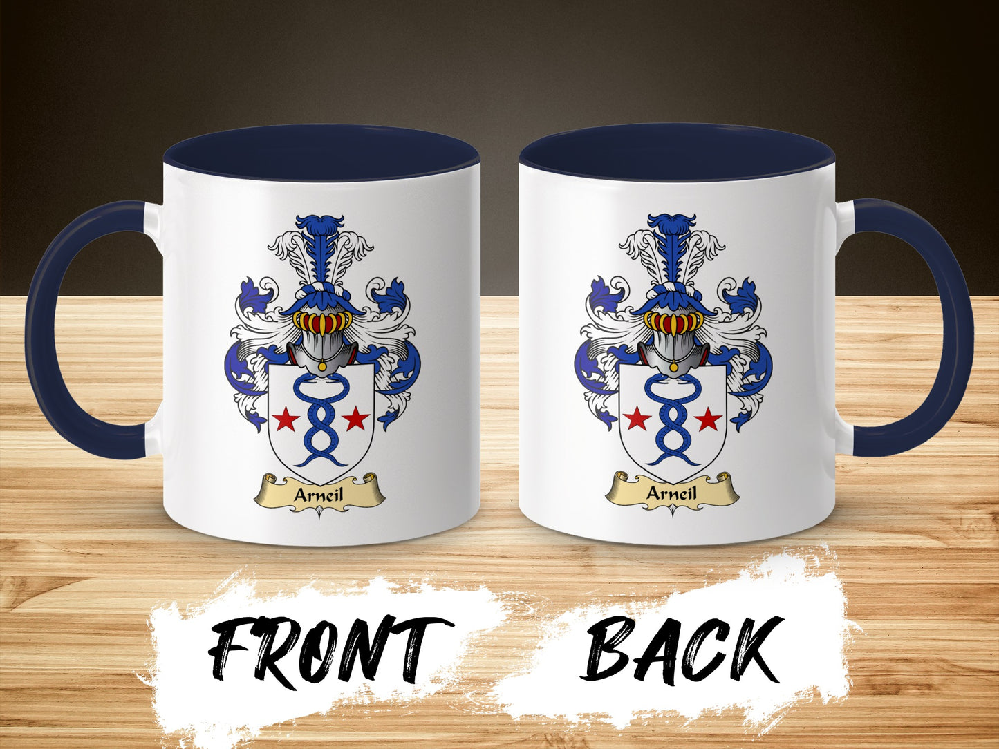 White mug with blue handle and interior, displaying the Arceil family crest on both sides.