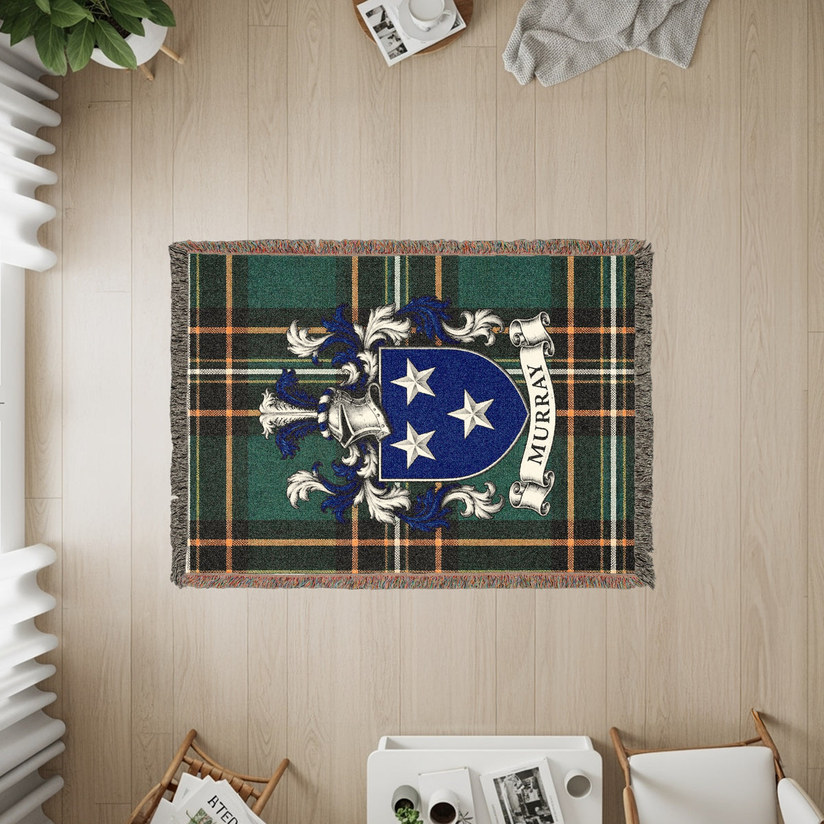 Close-up of Murray family crest design on Irish National Tartan heirloom woven blanket