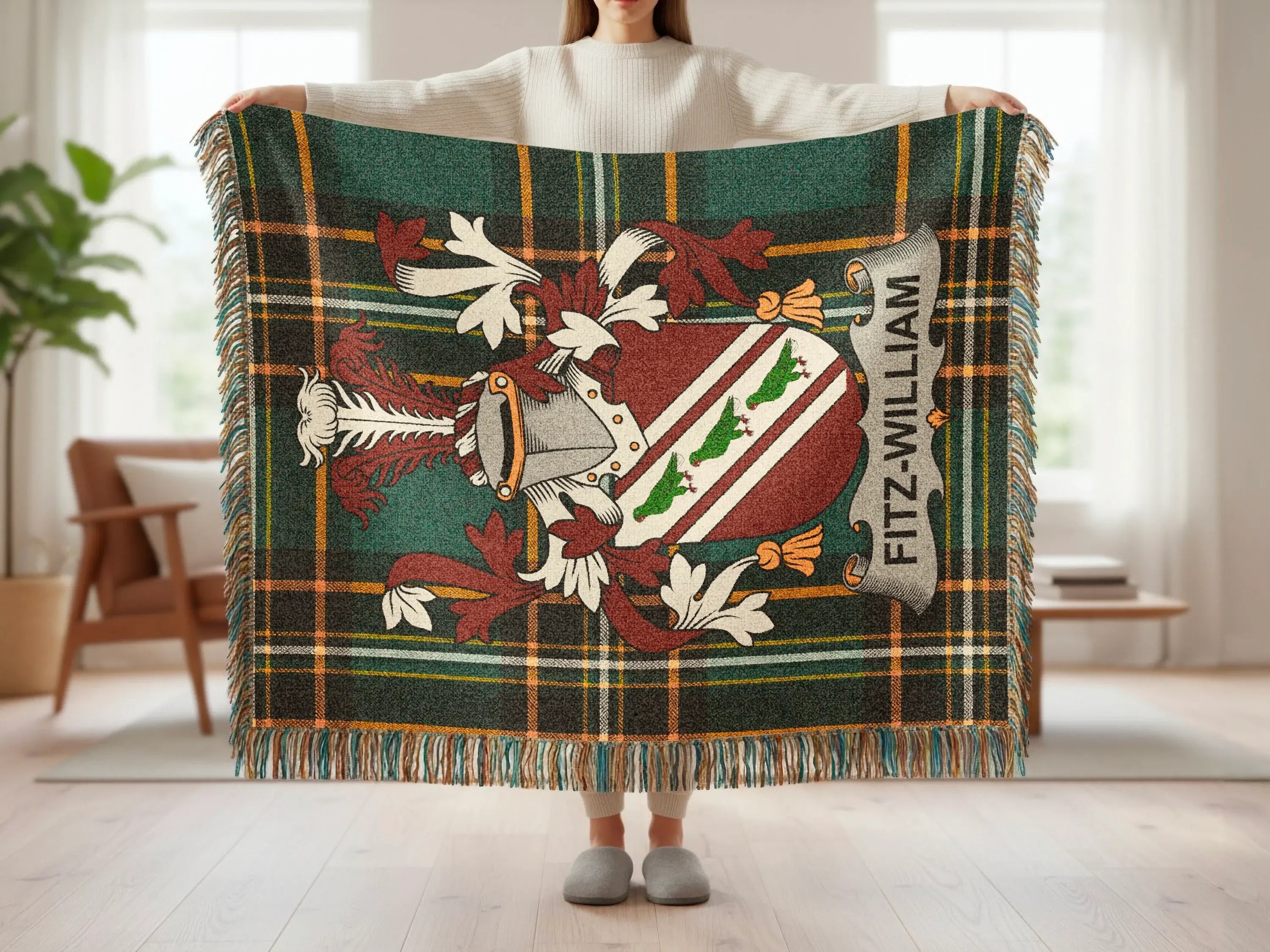Fitzwilliam tartan blanket with coat of arms and fringe.