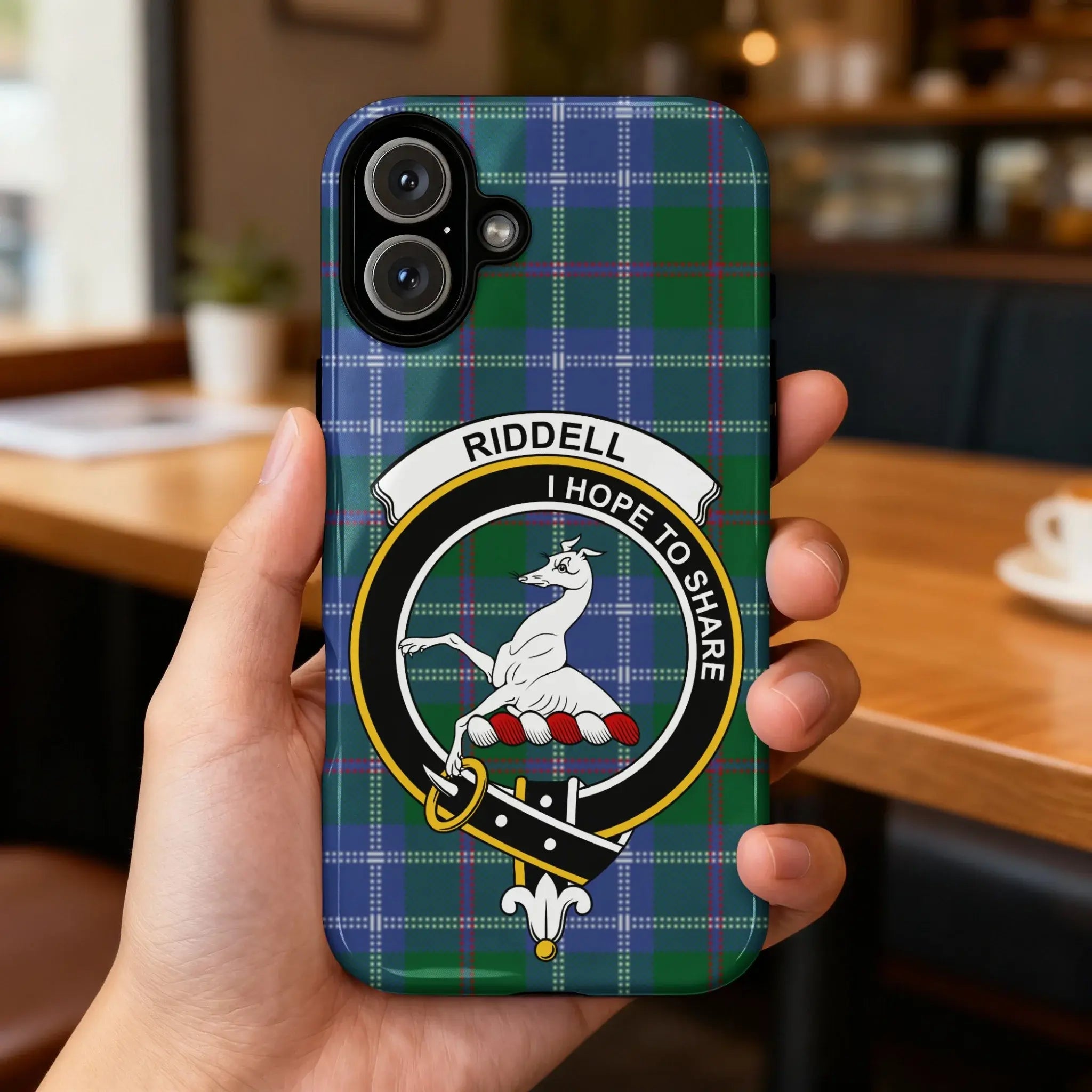 Clan Riddell crest tartan iPhone case — UV-resistant, precise port cutouts, polycarbonate shell