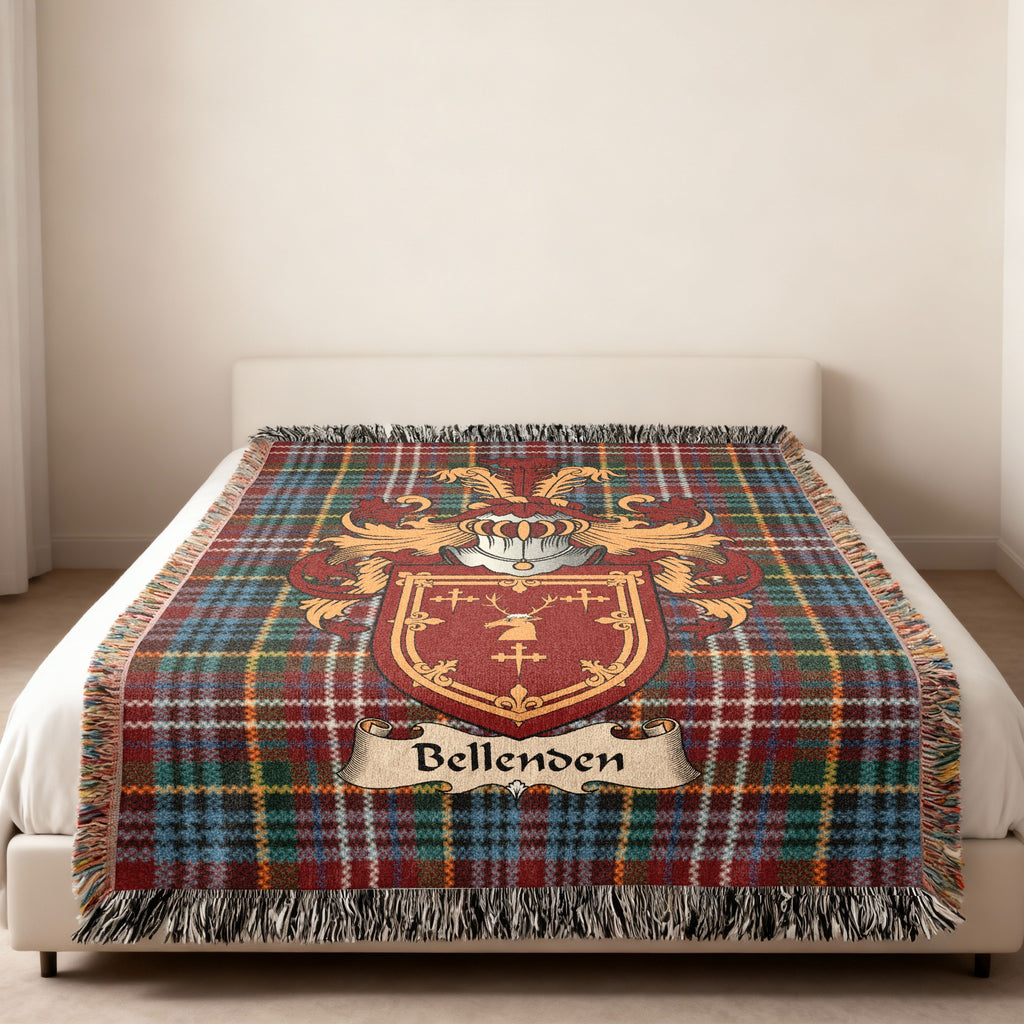 Bellenden family crest emblem on a Caledonia tartan woven blanket