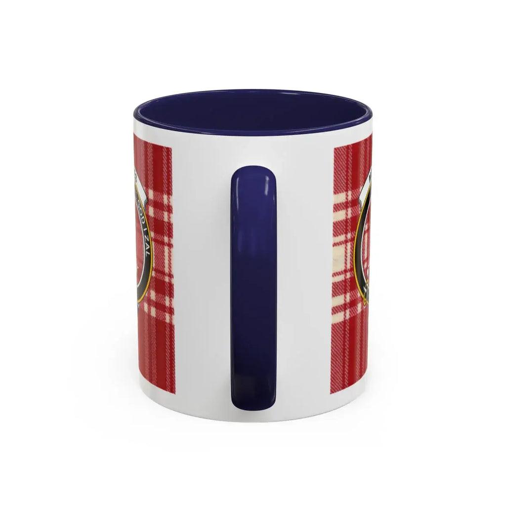 Menzies red tartan pattern on ceramic accent mug — Vil God I Zal crest in navy colourway