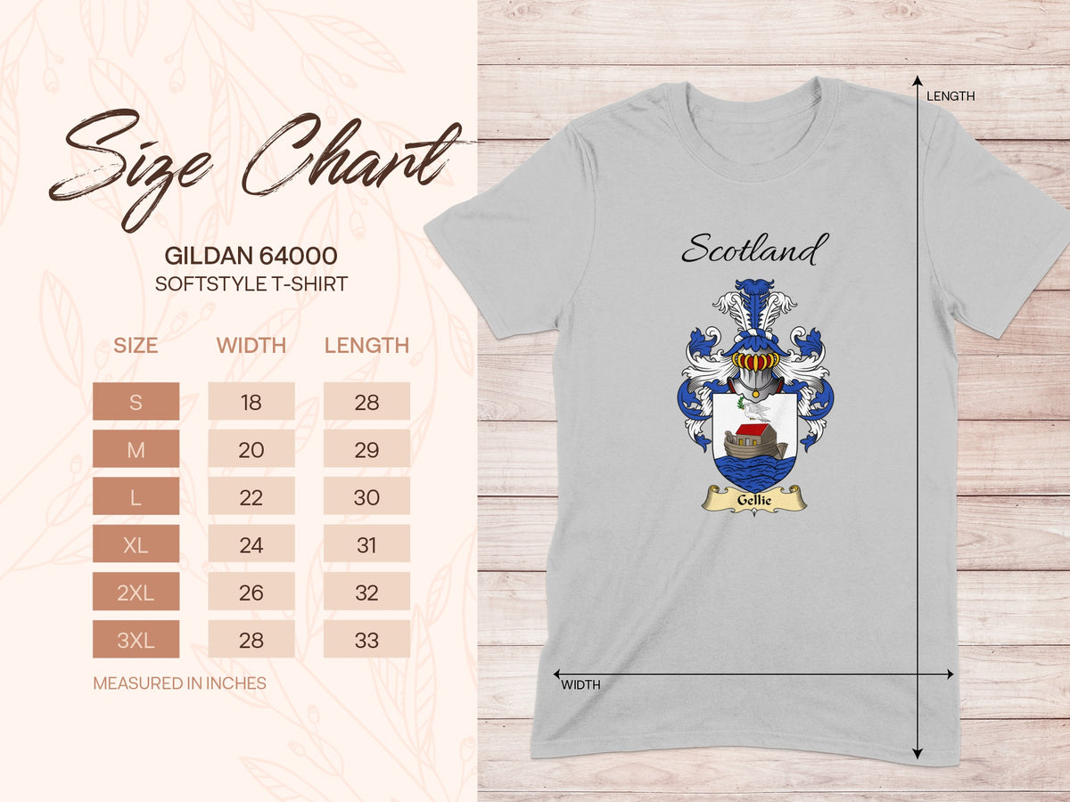Gildan 64000 size chart for the Gellie unisex T-shirt, sizes S to 3XL