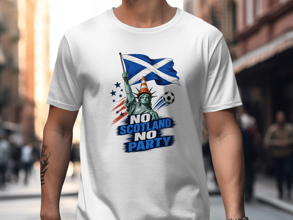Statue of Liberty holding Scottish flag wearing traffic cone, "No Scotland No Party" text.