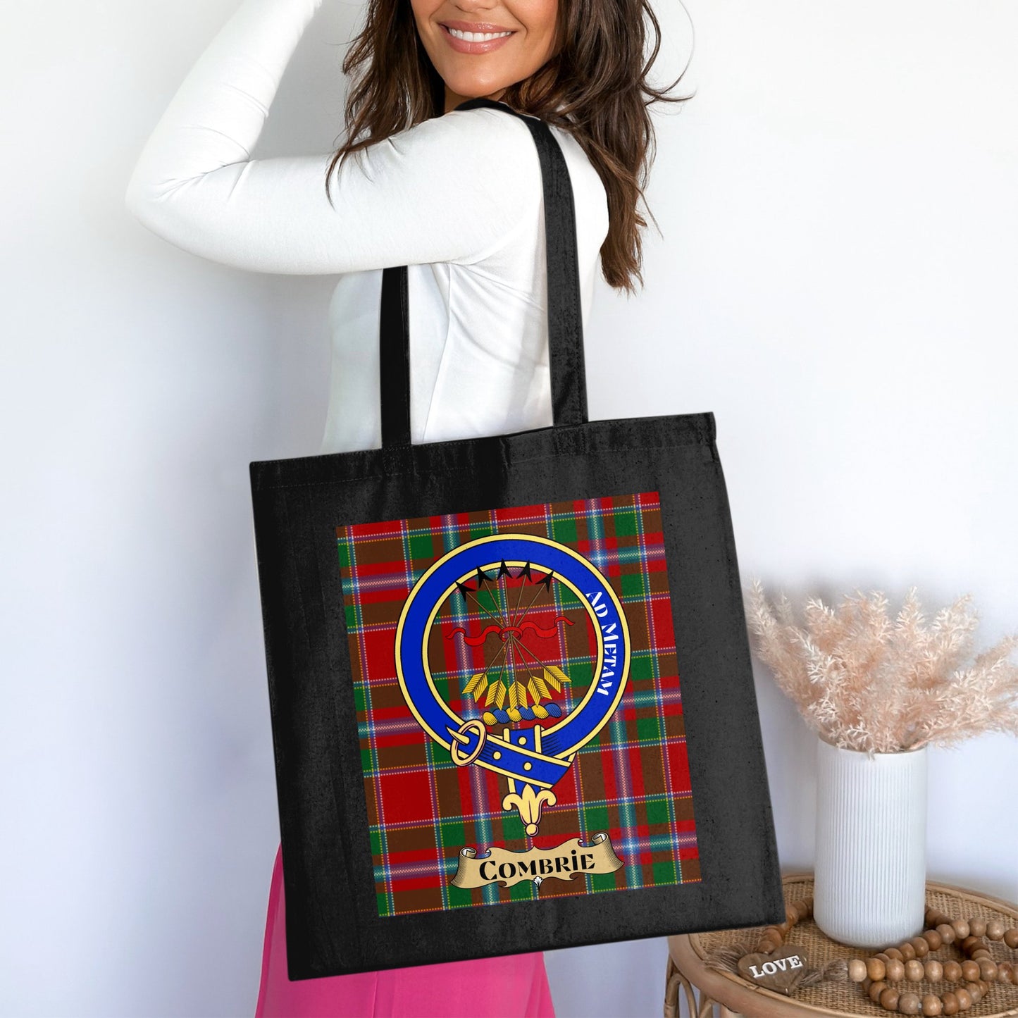 Combrie Scottish Clan Crest on Tartan Background Tote Bag - Living Stone Gifts