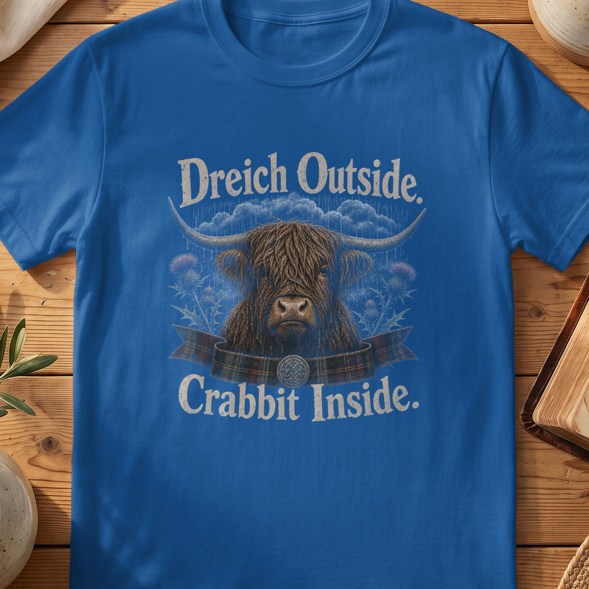 Blue t-shirt with Highland cow graphic and text "Dreich Outside. Crabbit Inside."