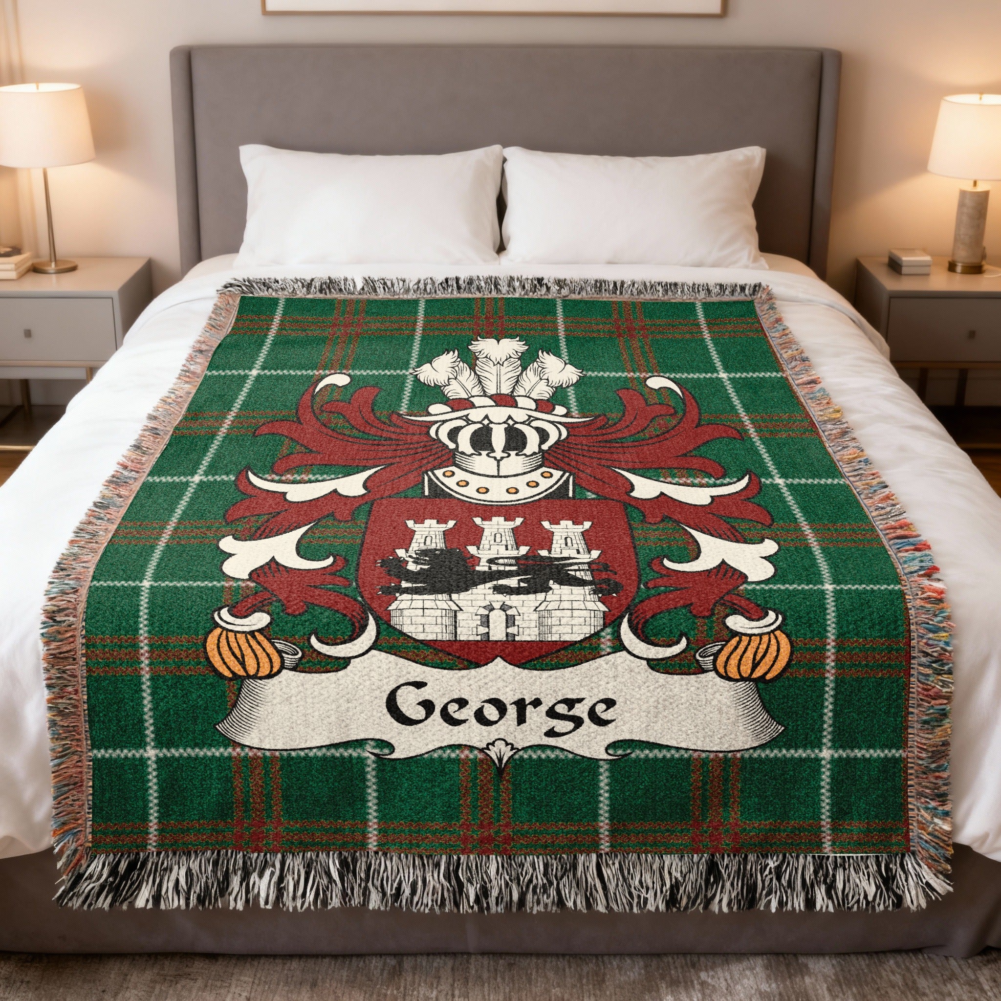 George Welsh crest woven blanket on Welsh national tartan