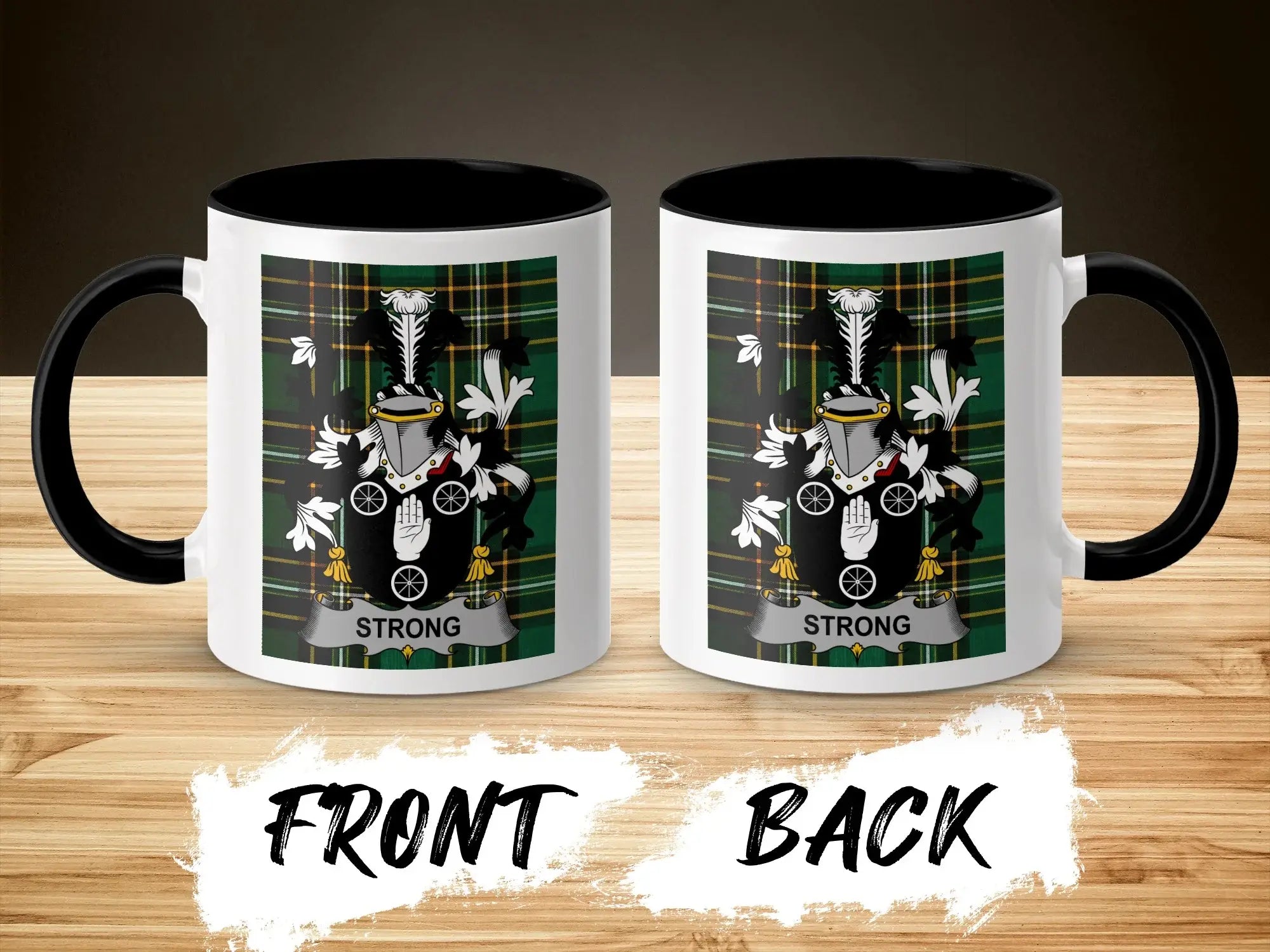 Mug with the "STRONG" family crest on front and back.