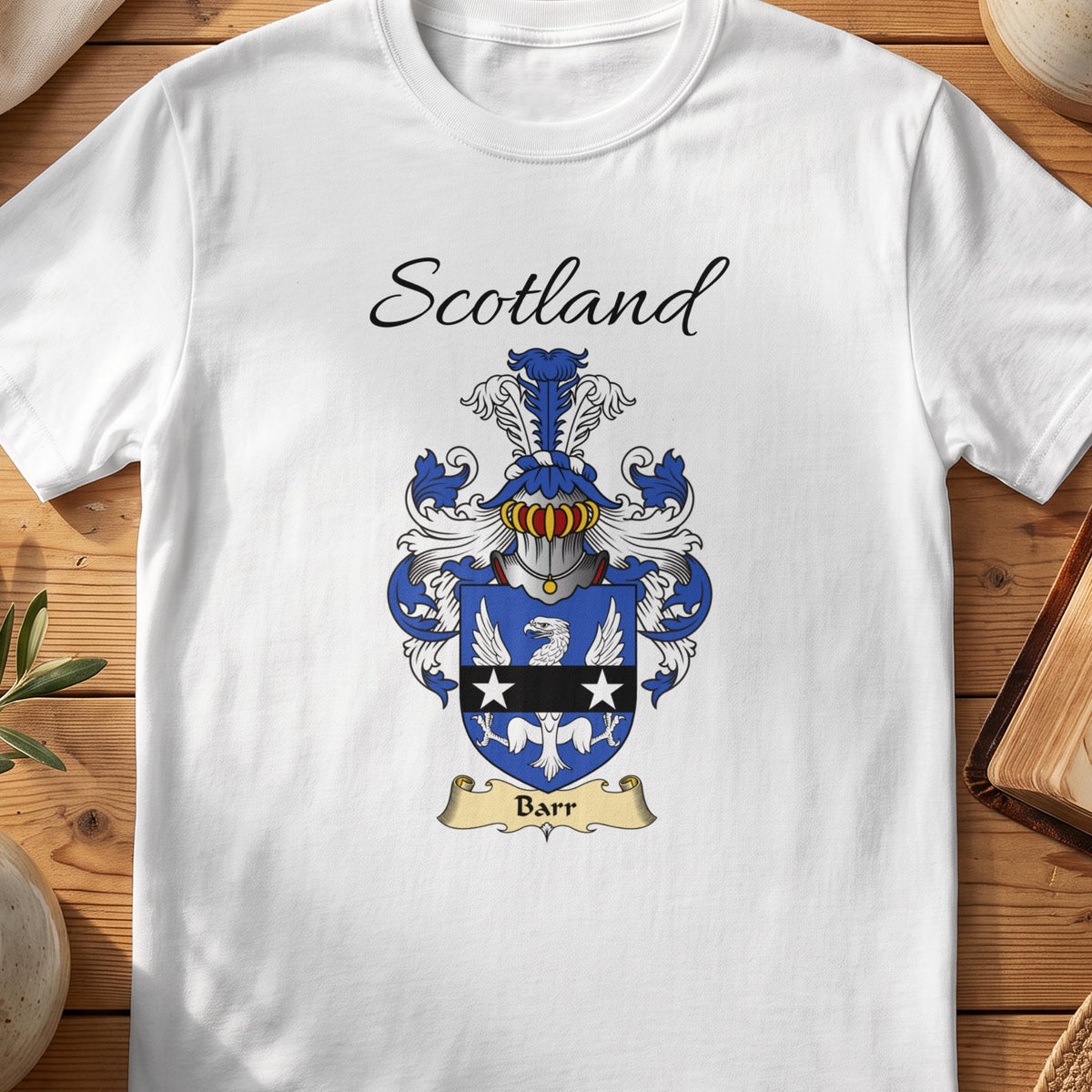 White Barr Scottish family shield T-shirt featuring a white eagle crossed by a black band with white stars