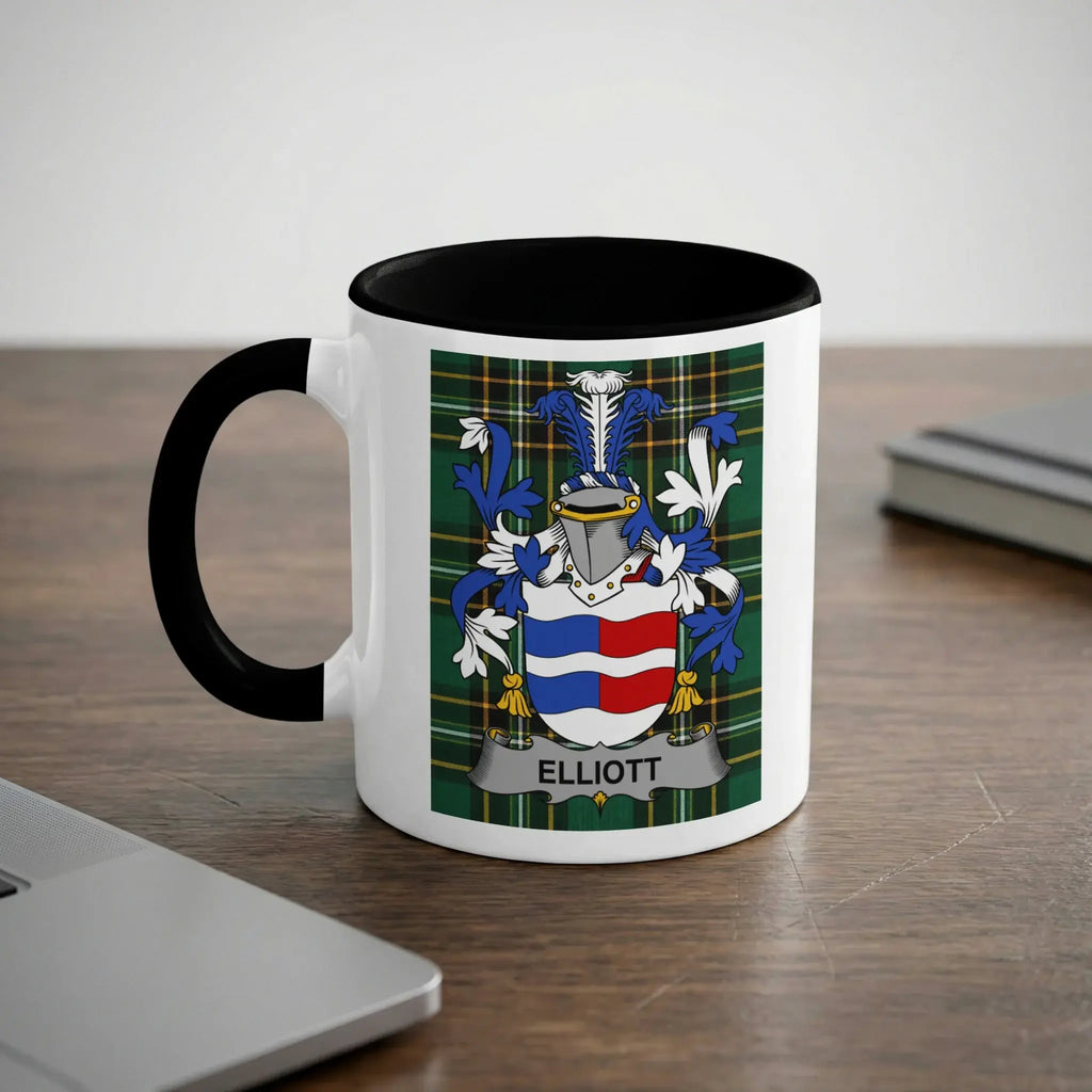 Mug with the Elliott family crest on a checkered background.