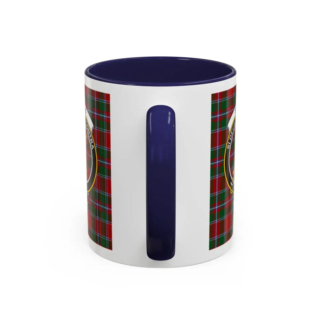 Clan Spens Scottish tartan mug — close-up of deer crest and accent handle interior