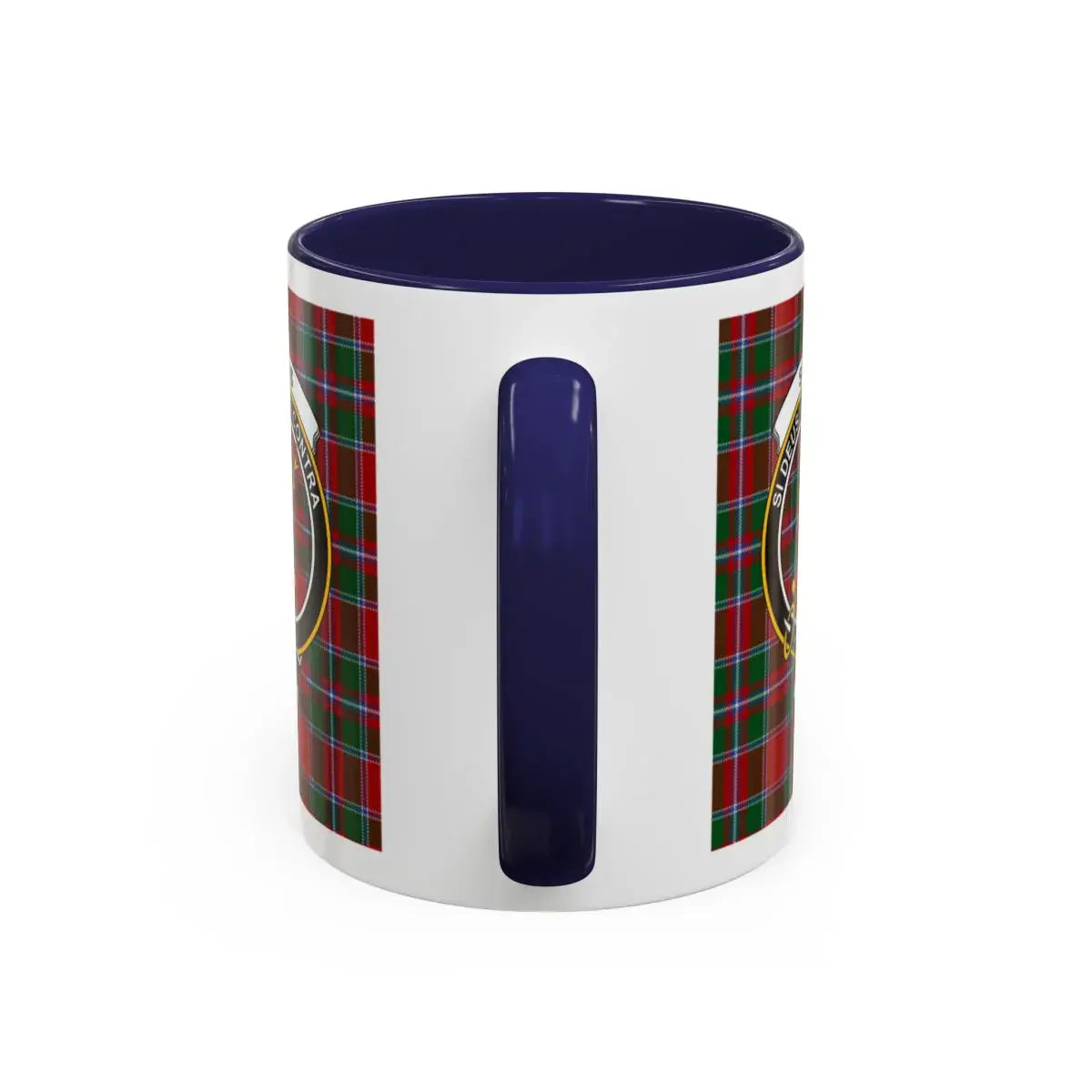 Clan Spens Scottish tartan mug — close-up of deer crest and accent handle interior