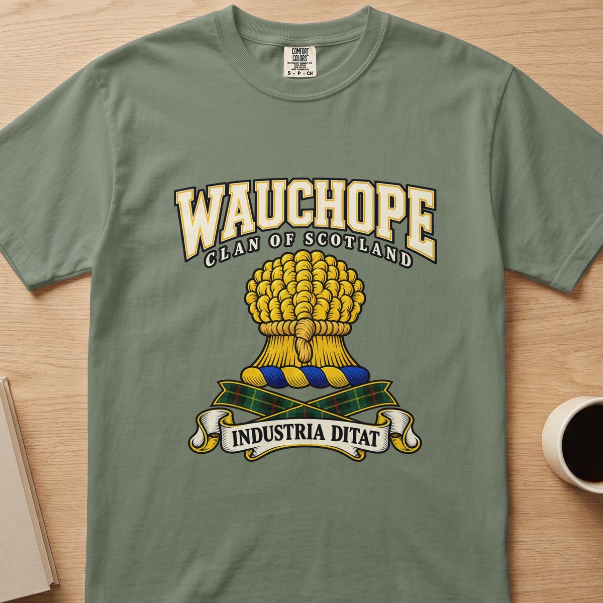 Wauchope clan T-shirt in sage green, front view with gold sheaf of grain