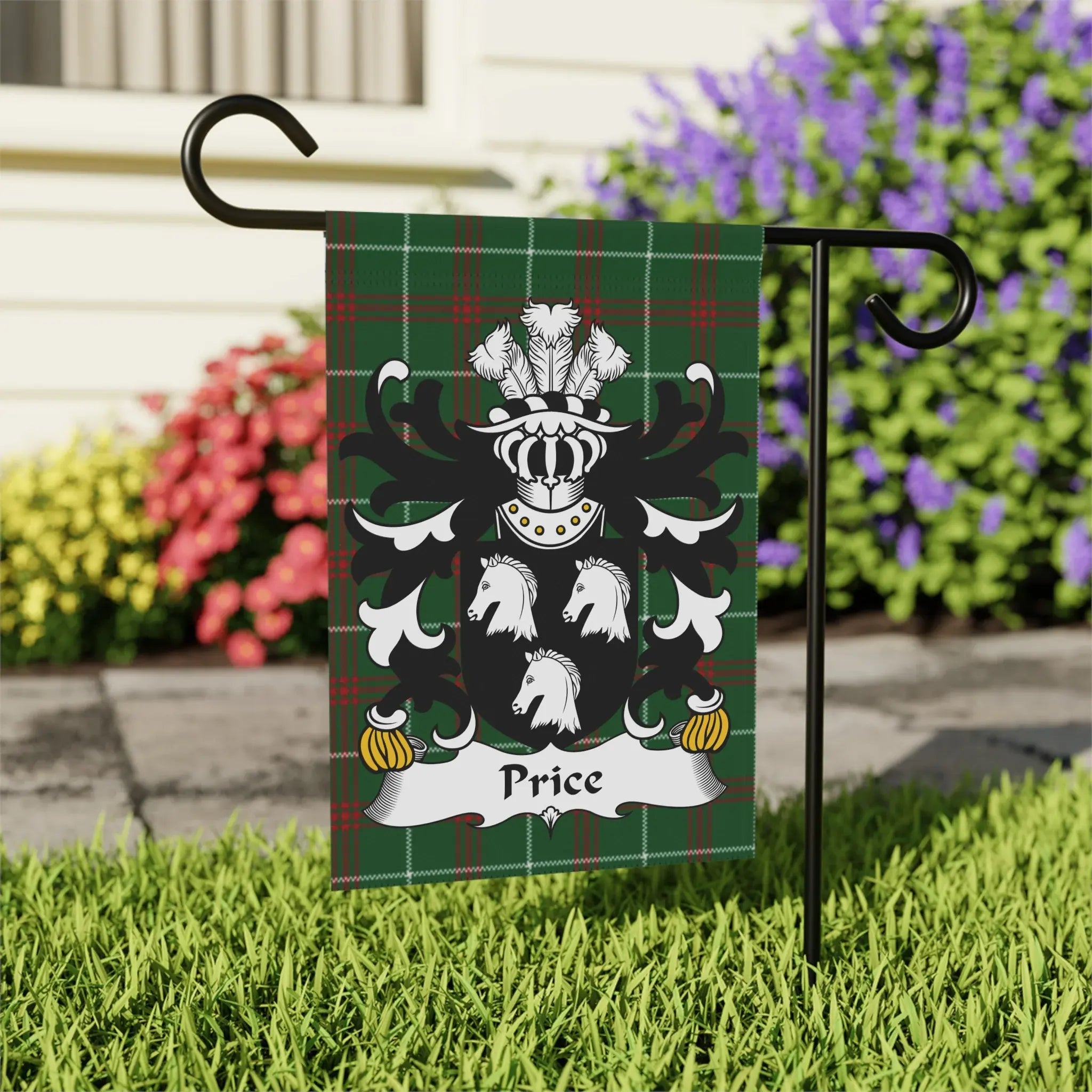Green plaid garden flag featuring the Price family crest with white horses.