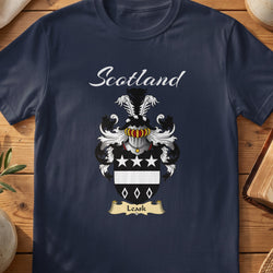 Navy Leask family shield T-shirt featuring white stars and diamond outlines on black