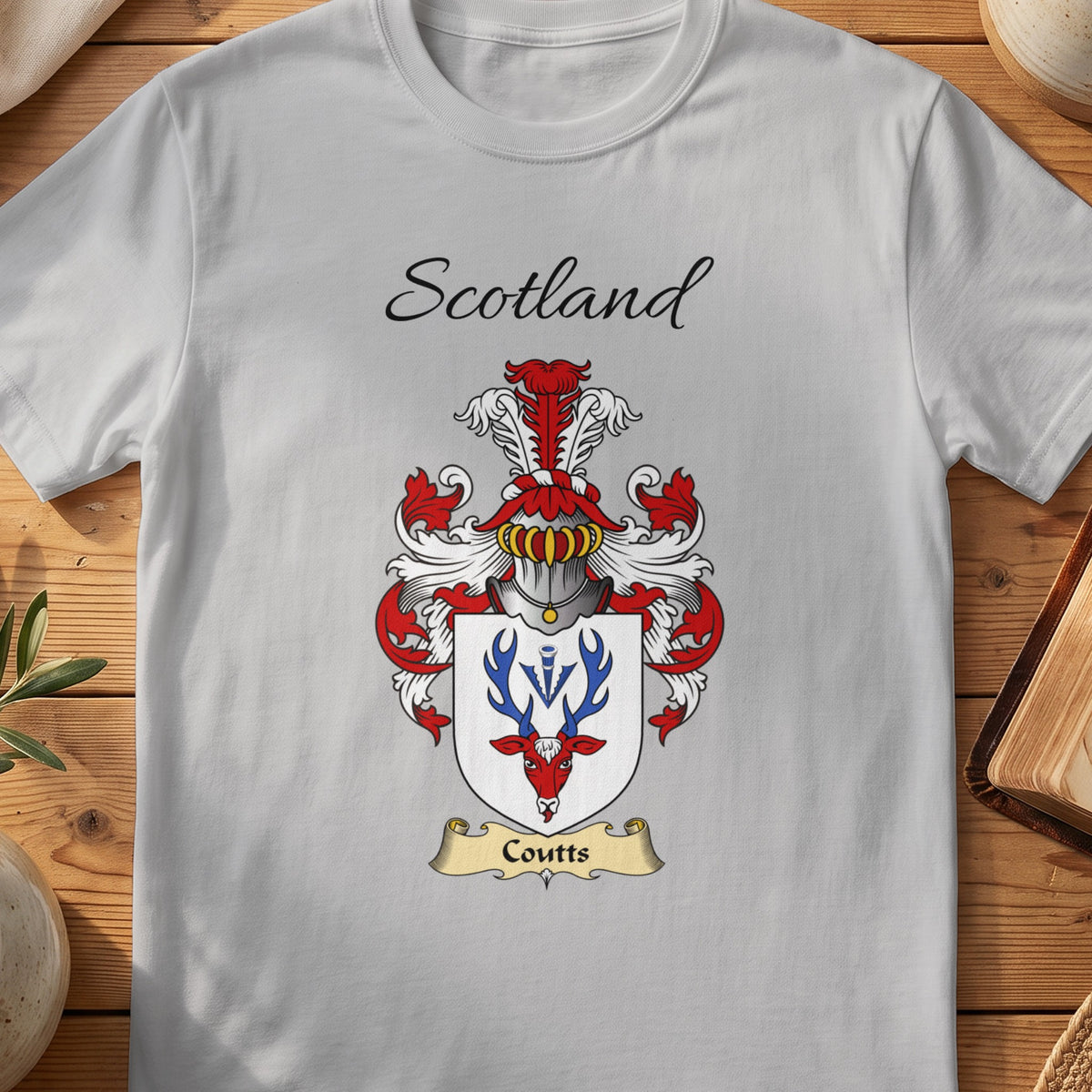 Sport Grey Coutts Scottish family shield T-shirt featuring a red stag head with blue antlers