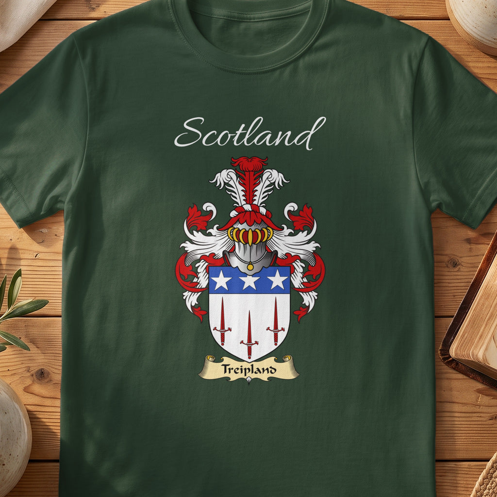 Forest Green Treipland Scottish T-shirt laid flat with coat of arms artwork and “Scotland” text.