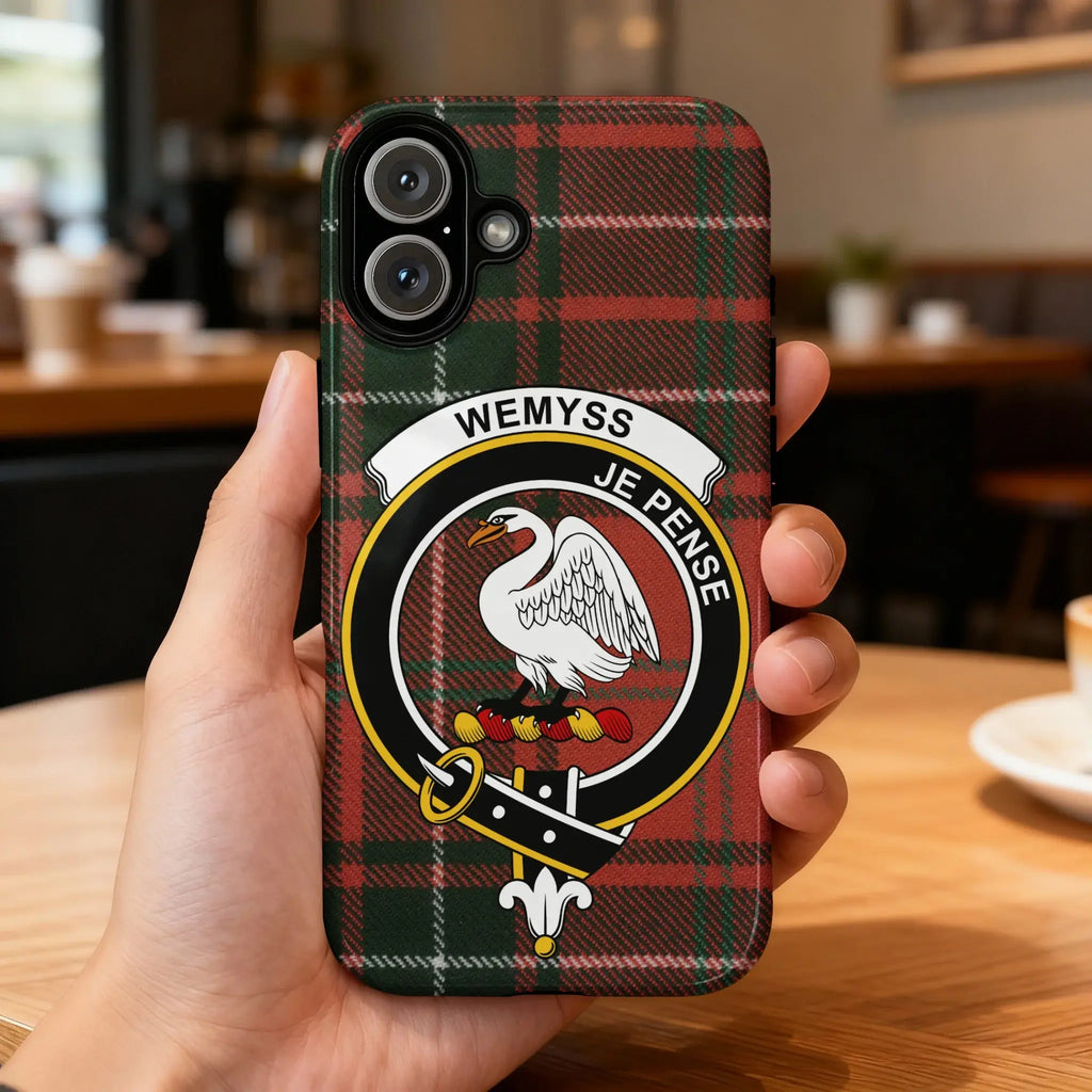 Clan Wemyss je pense tartan plaid phone case — glossy edge-to-edge swan crest print, iPhone shown