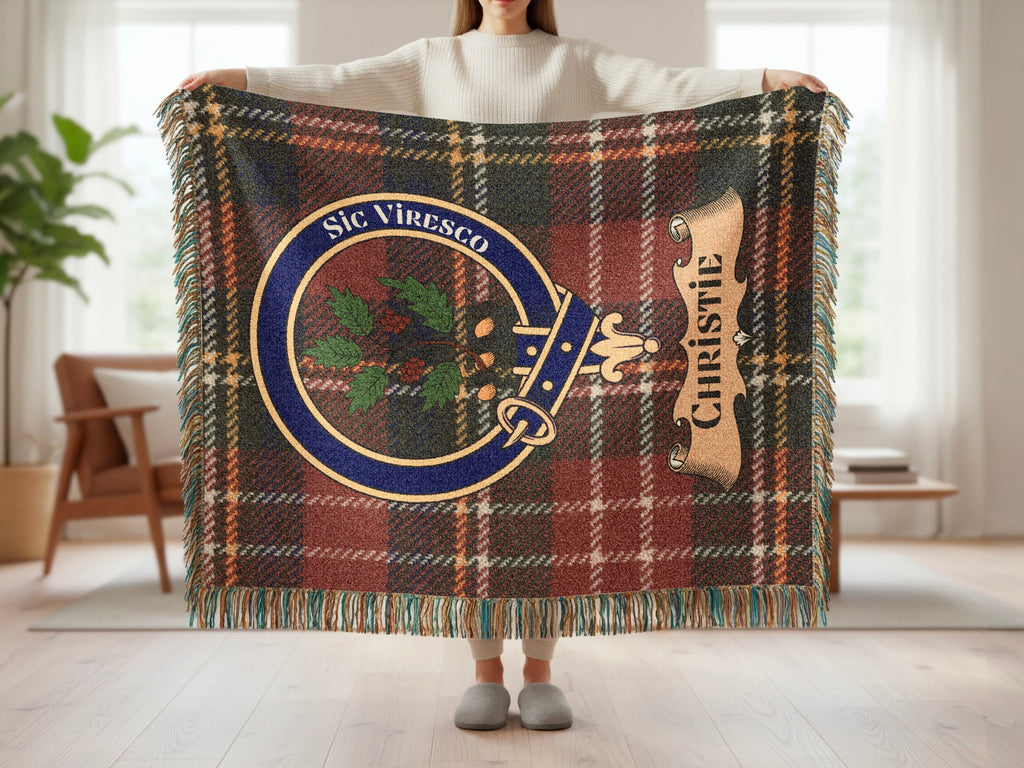 Christie clan crest tartan woven throw blanket — full view with fringe