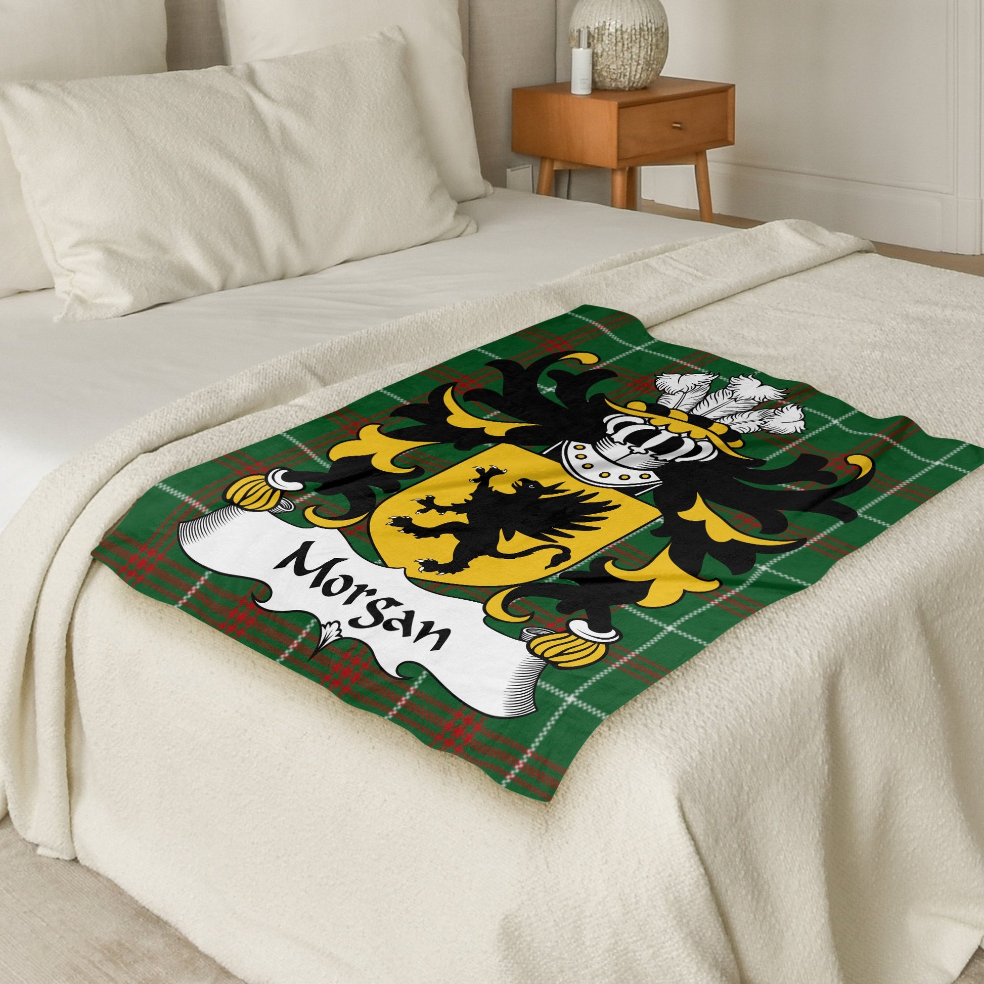 Morgan Coat of Arms on Tartan Background Blanket - Living Stone Gifts