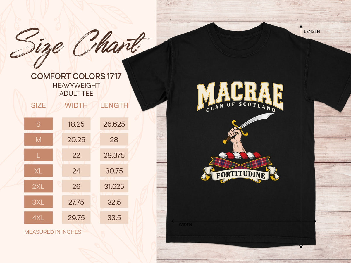Comfort Colors 1717 size chart with shirt width and length in inches for sizes S to 4XL, beside the MacRae design.