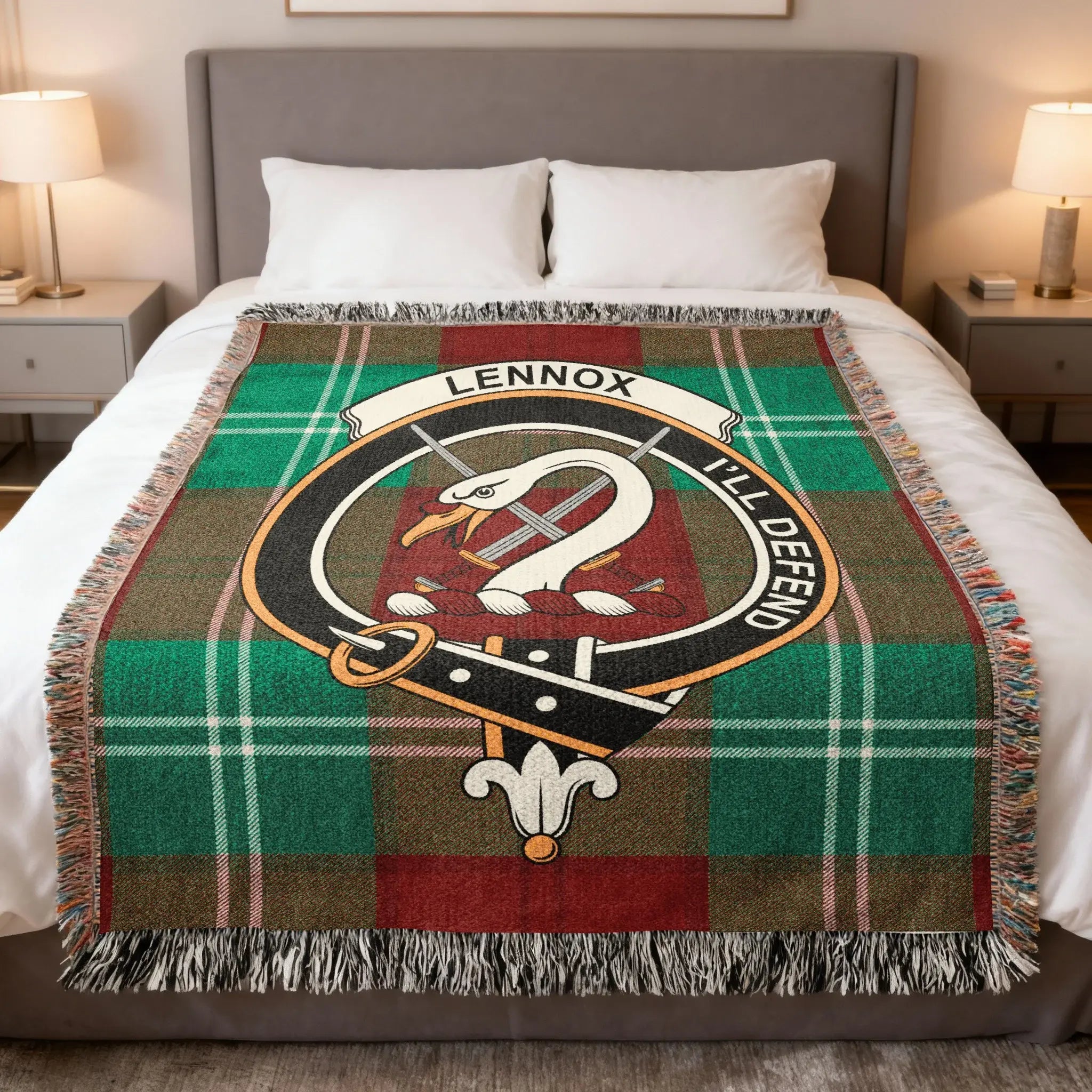 Clan Lennox woven tartan blanket — cotton weave with fringe edging and I'll Defend crest, 52x37 inch