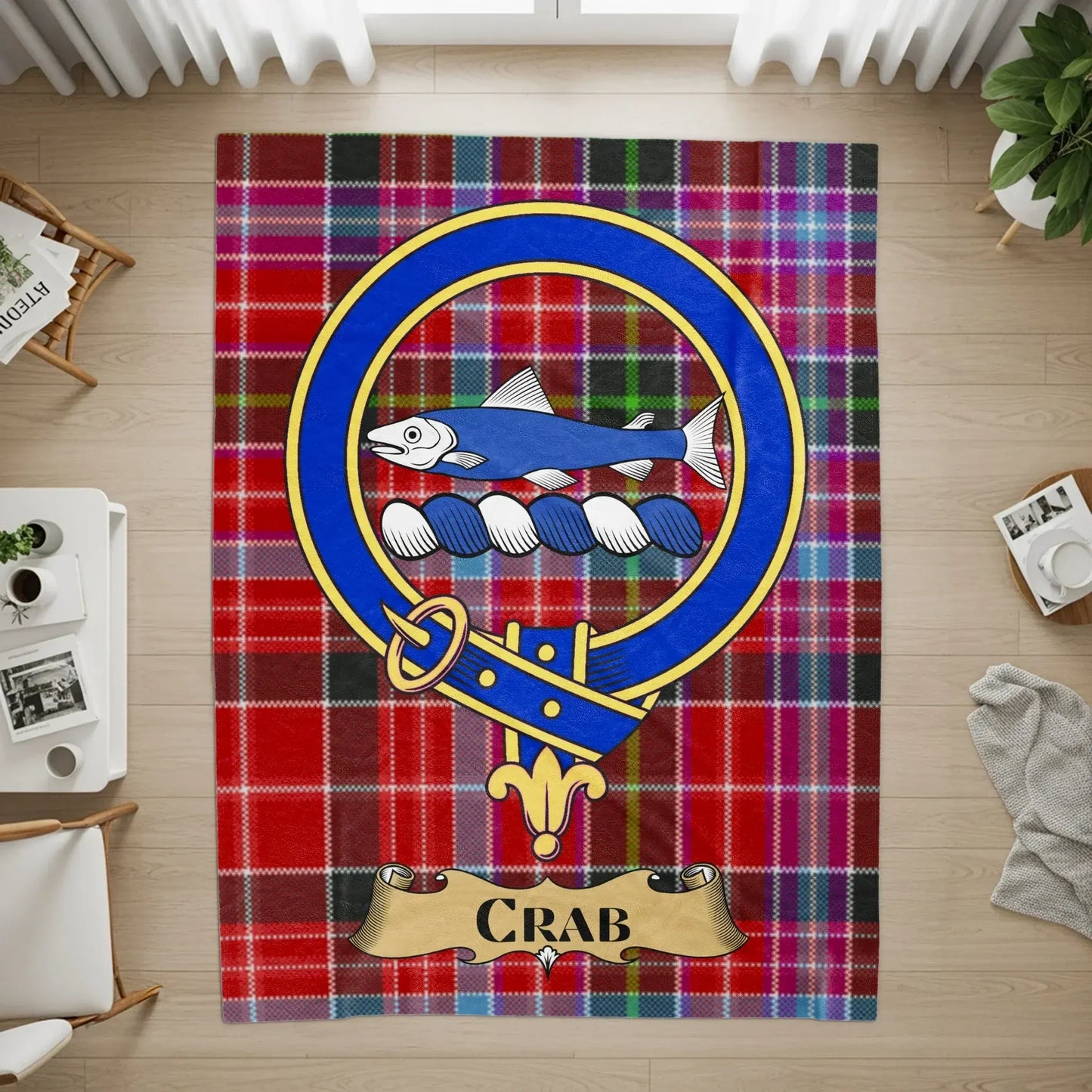 Clan Crest with Blue Fish on Red Tartan Rug product
