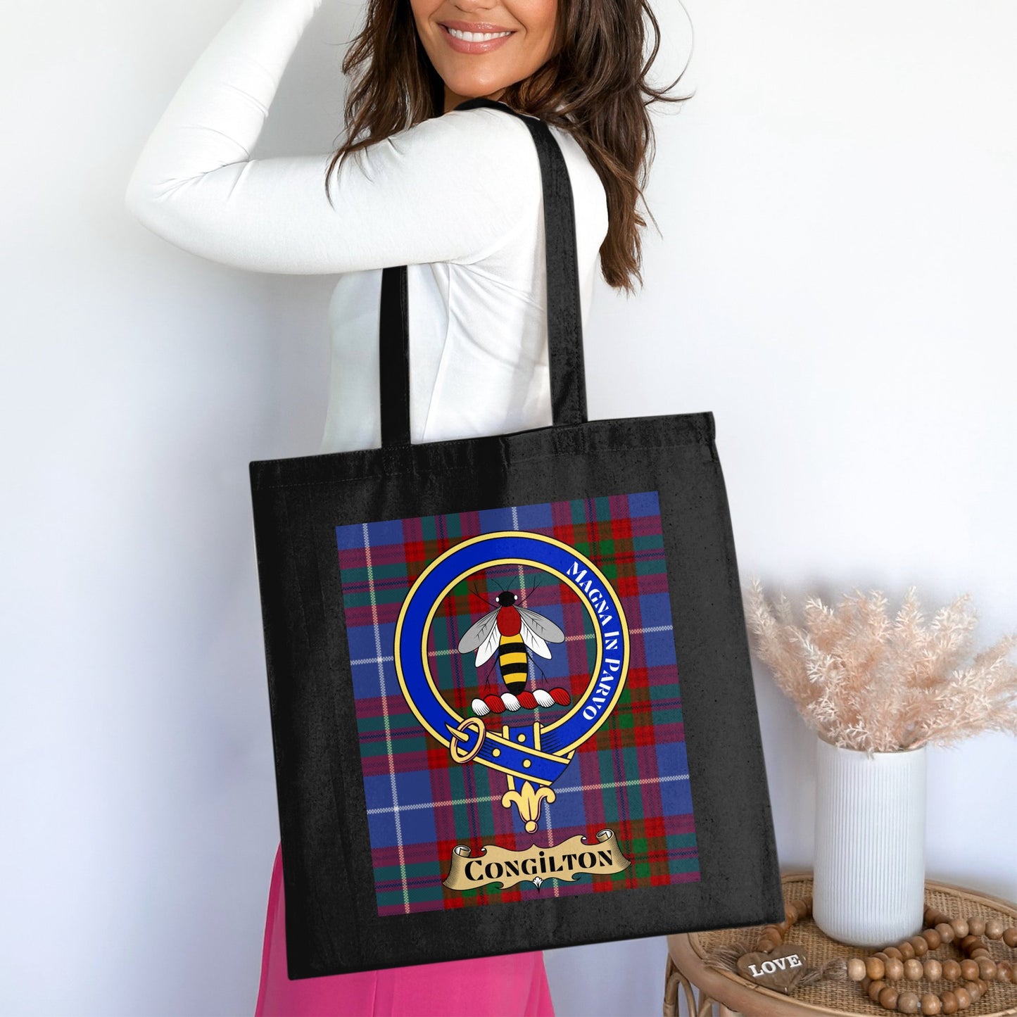 Congilton Crest on Scottish Tartan Background Tote Bag - Living Stone Gifts