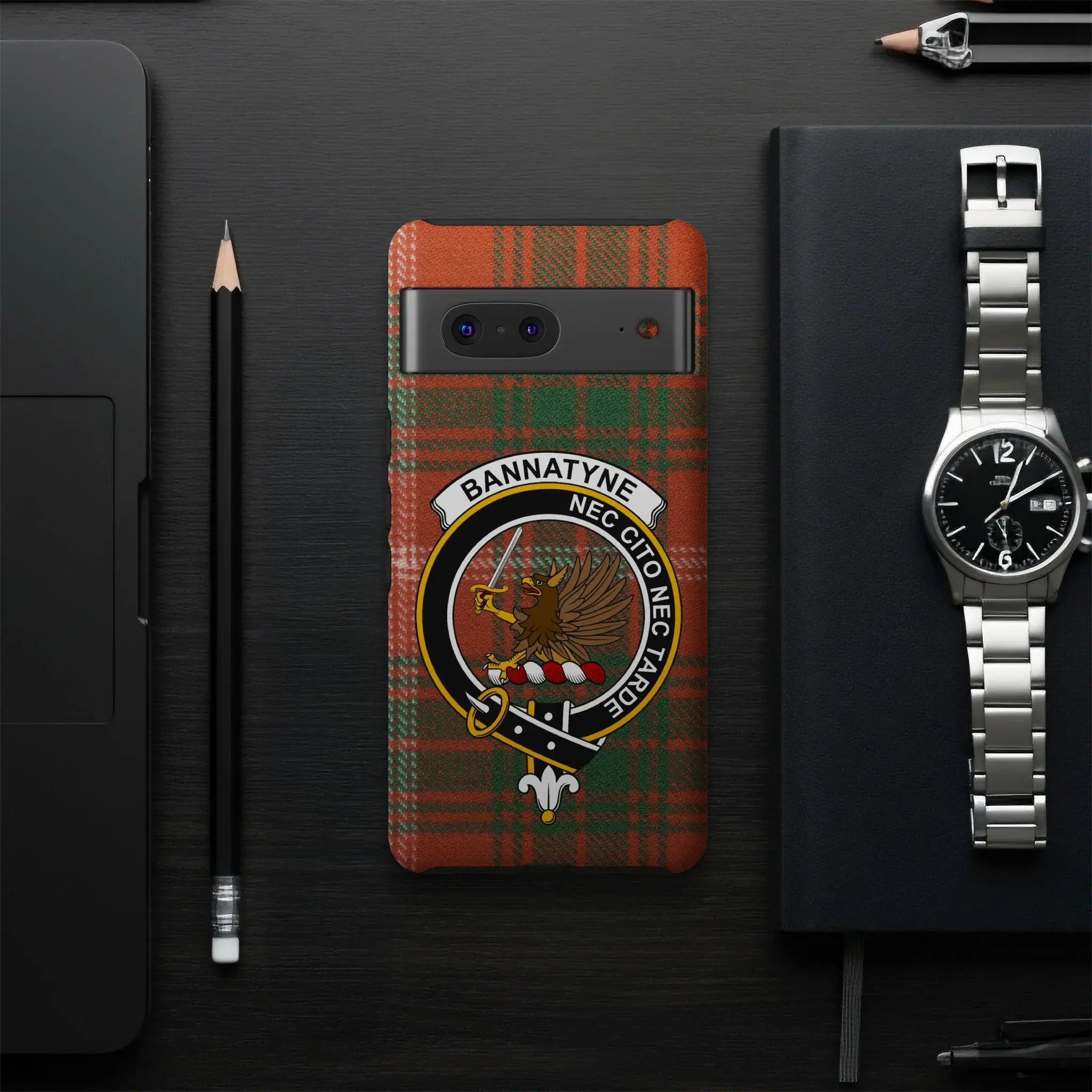 Bannatyne Clan Tartan Phone Case with Crest Design