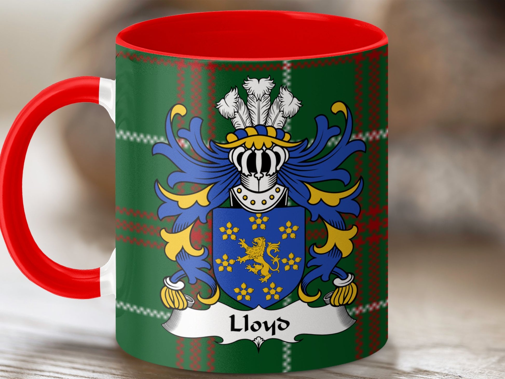 Lloyd Family Coat of Arms on Welsh Tartan Background Mug - Living Stone Gifts