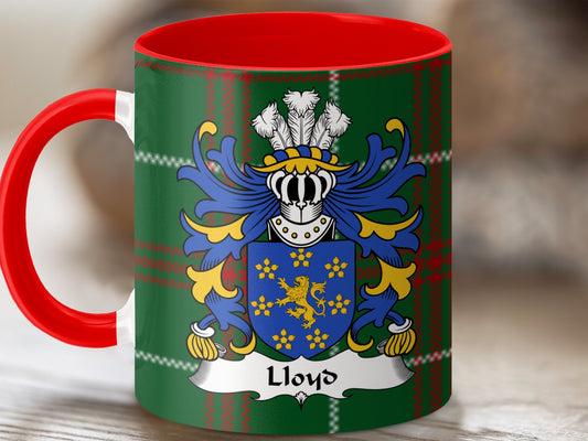 Lloyd Family Coat of Arms on Welsh Tartan Background Mug - Living Stone Gifts