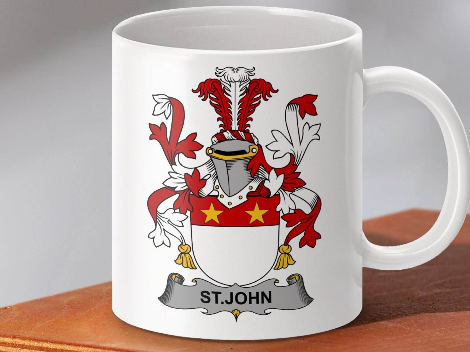 St John Family Crest Coat of Arms Display Mug - Celtic Ancestry Gifts
