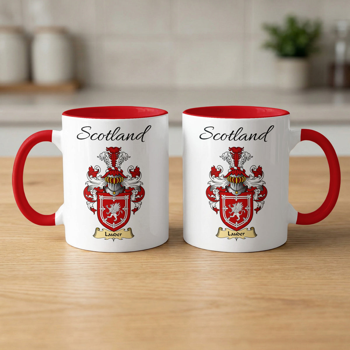Red-accent Lauder Scottish family crest mugs with Scotland above the heraldic shield