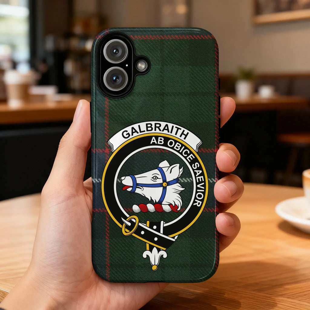 Clan Galbraith bear head crest tartan phone case — glossy full-wrap print on iPhone