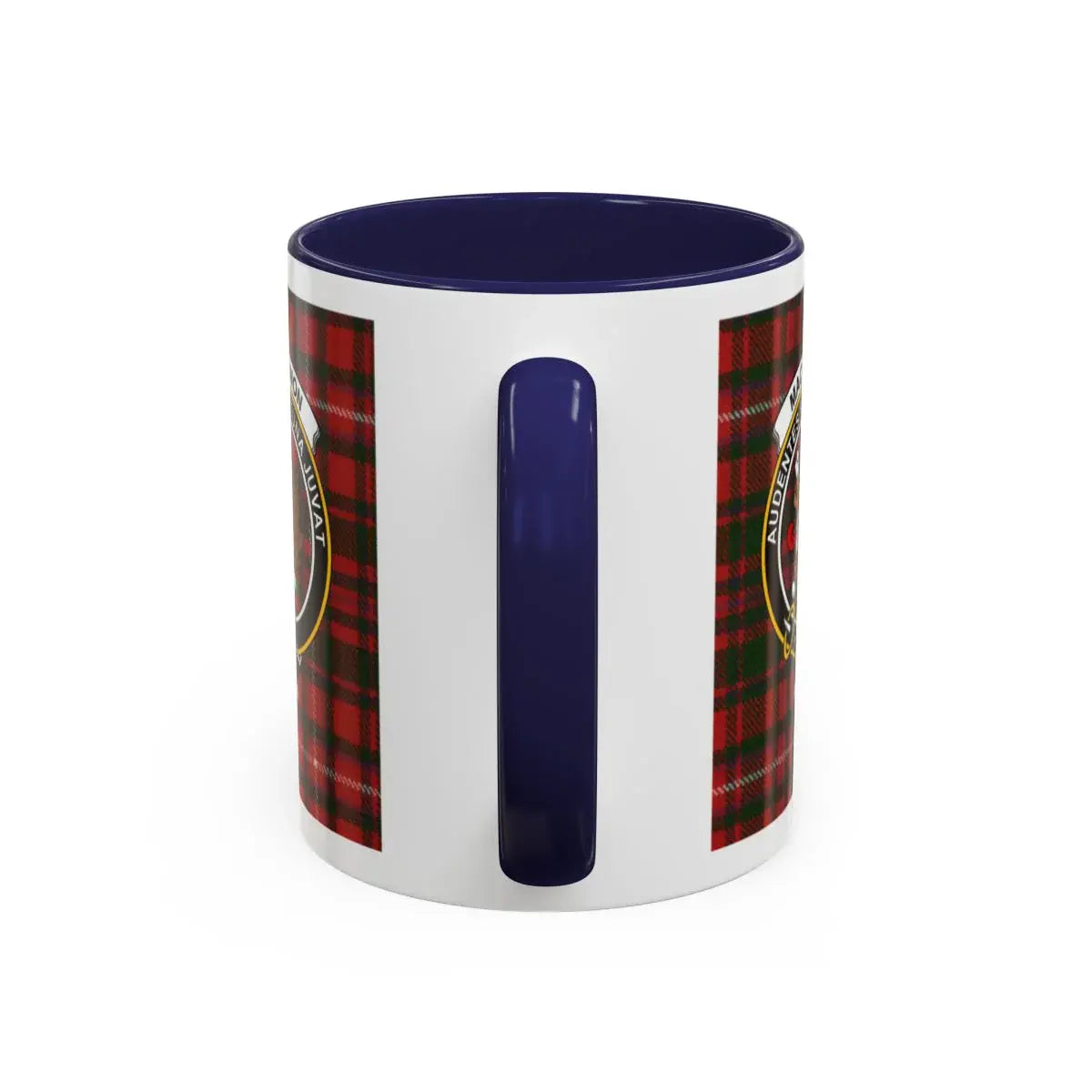 MacKinnon Scottish tartan clan crest mug — 15 oz with navy handle and interior