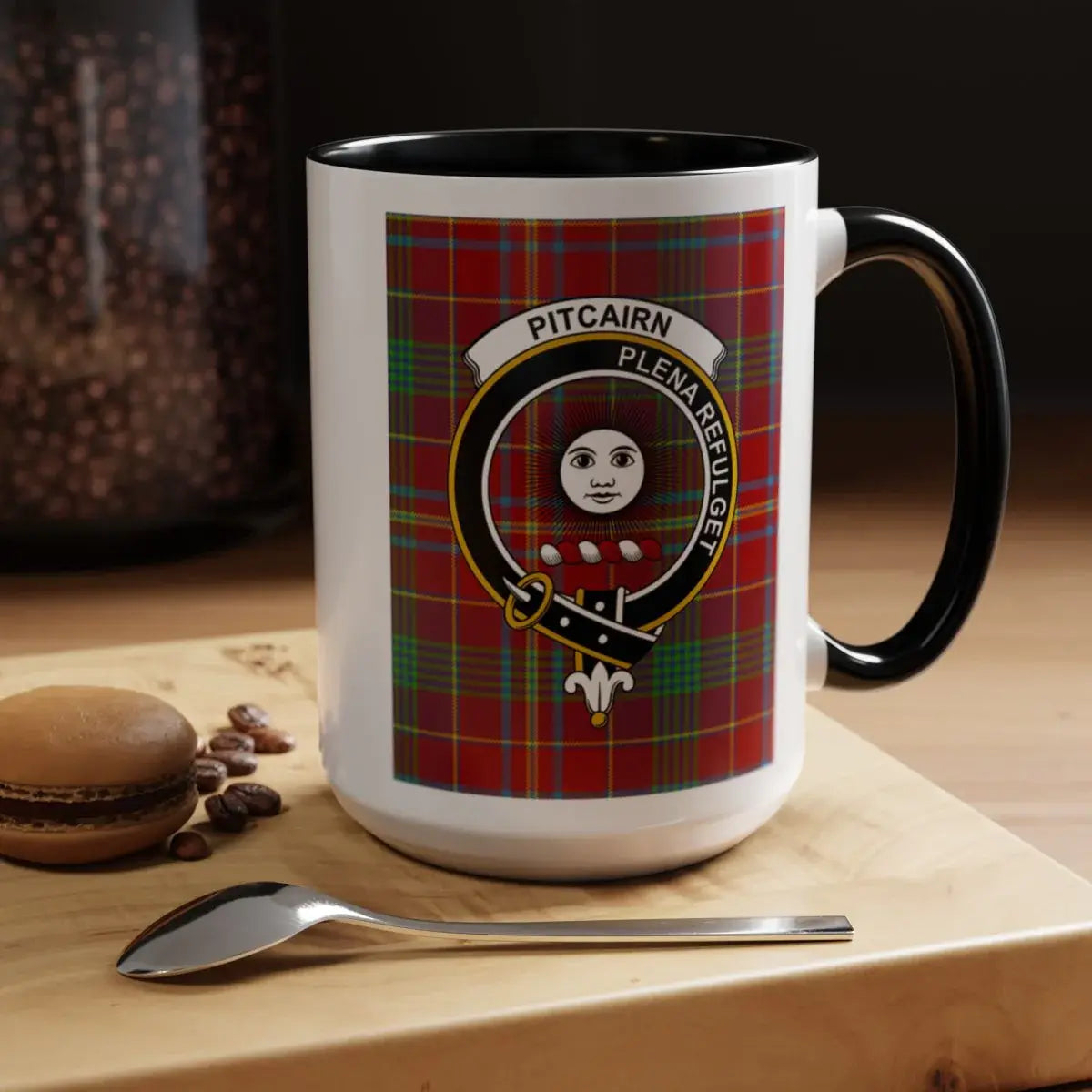 Pitcairn clan crest tartan plaid mug — 11 oz coffee cup, navy handle
