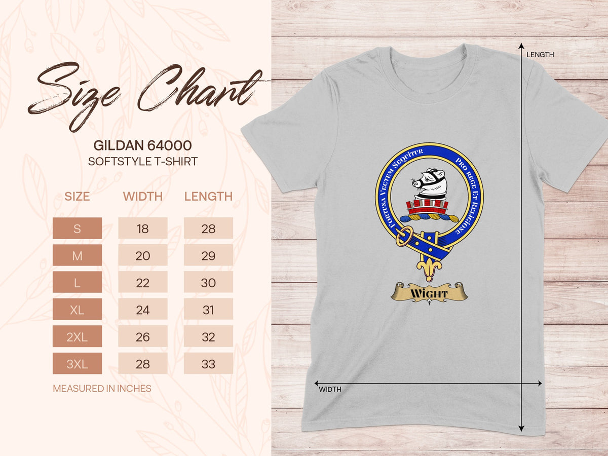 Gildan 64000 size chart for Wight Scottish clan crest T-shirt