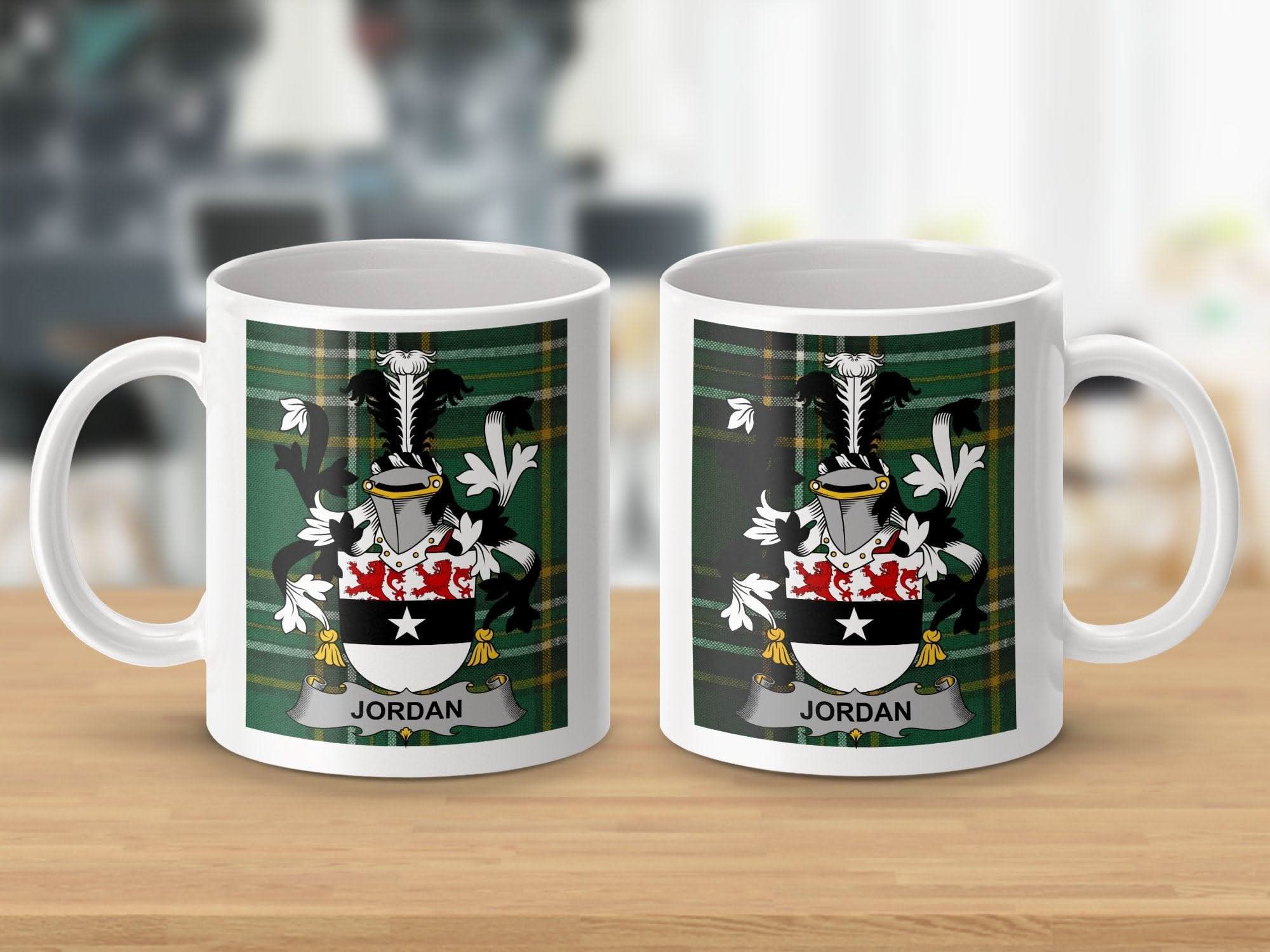 Jordan Surname Family Crest on Irish National Tartan Mug - Celtic Ancestry Gifts