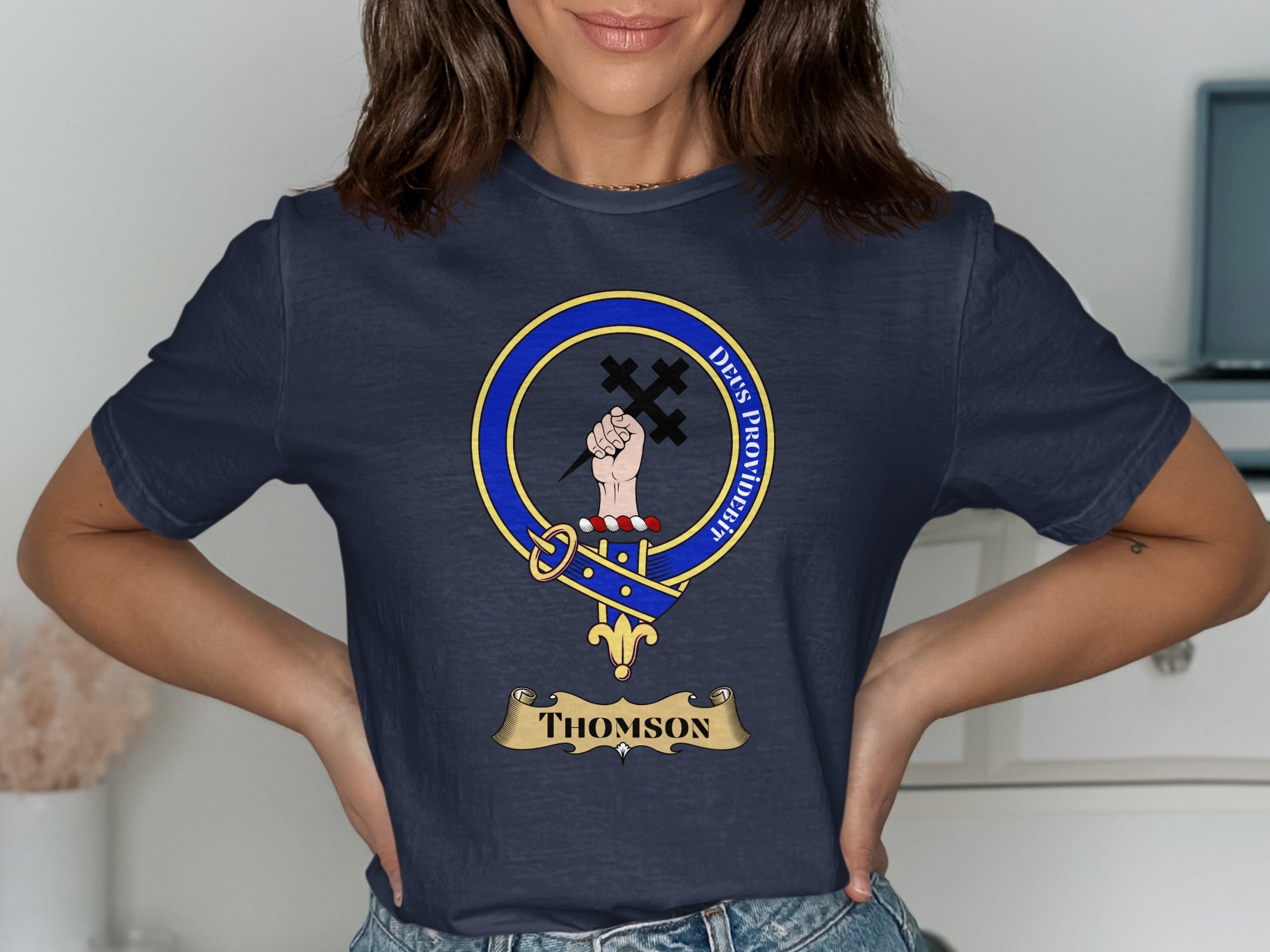 Thomson Scottish clan crest design on Navy T-shirt