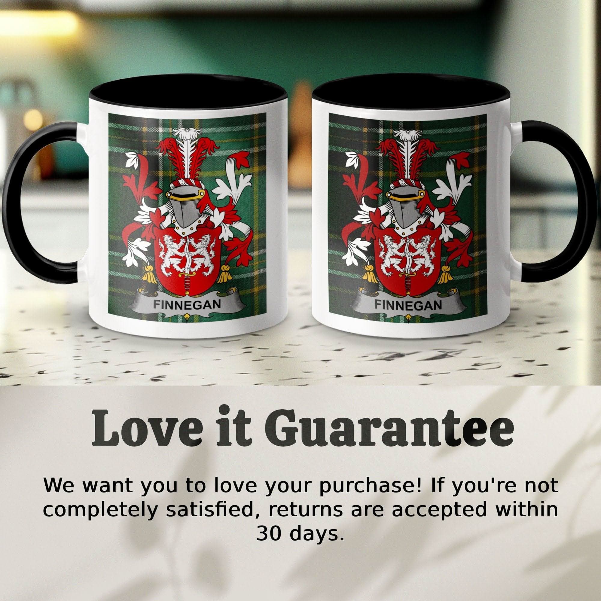 Finnegan Surname Family Crest Irish Tartan Mug - Celtic Ancestry Gifts