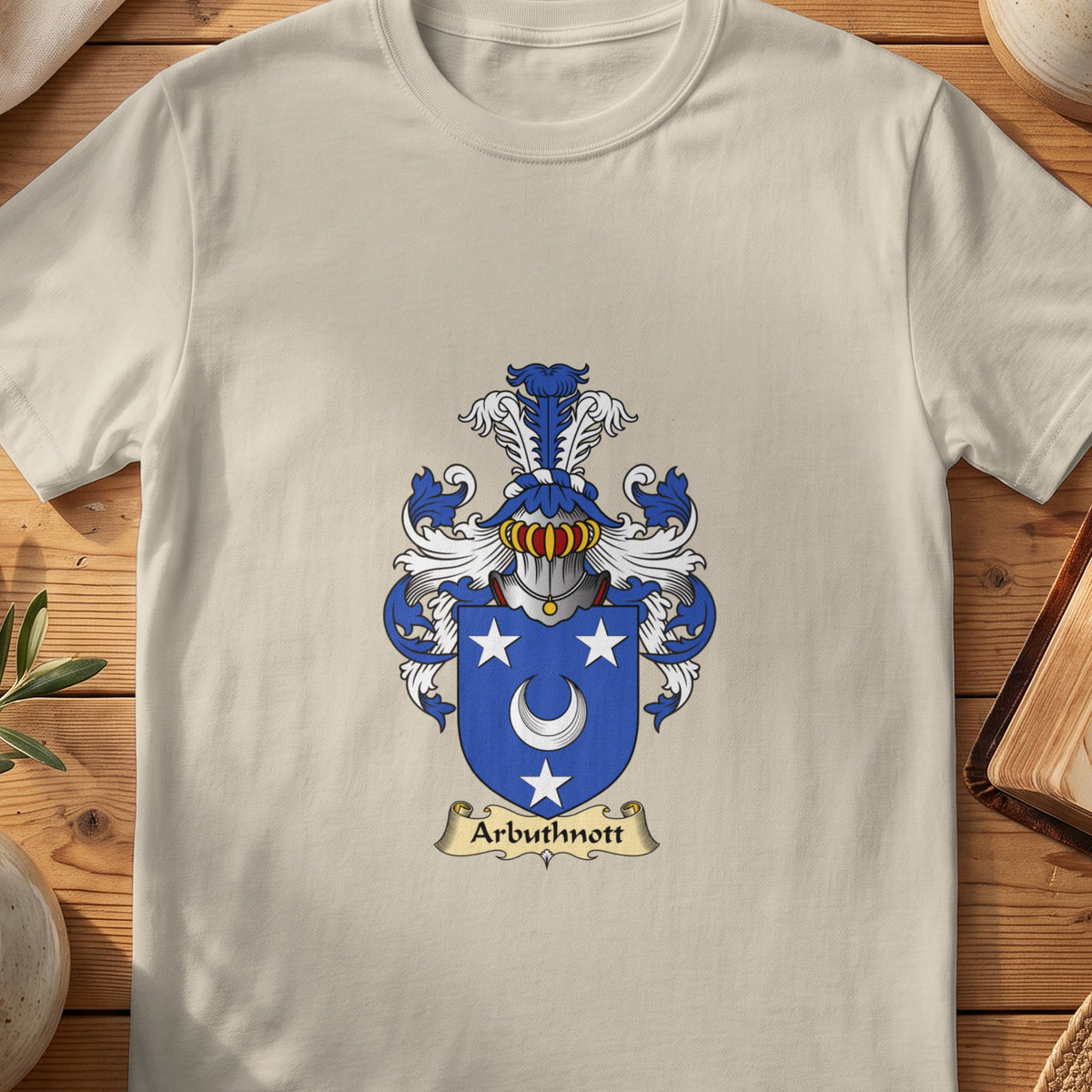 Sand Arbuthnott Scottish family shield T-shirt featuring a white crescent and stars on blue