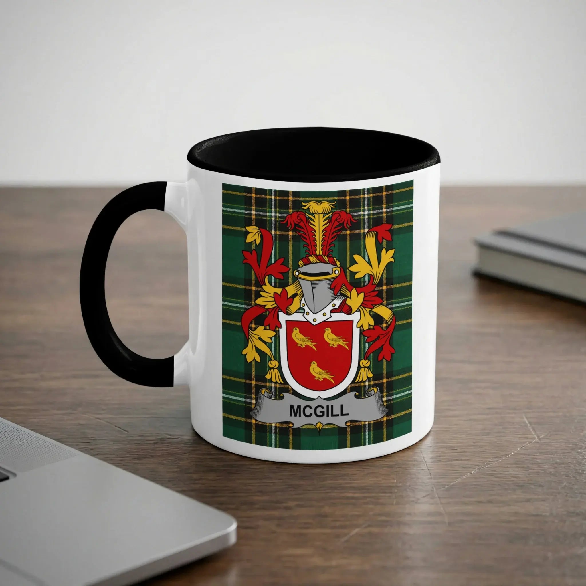 McGill Irish heritage mug with black handle and family crest